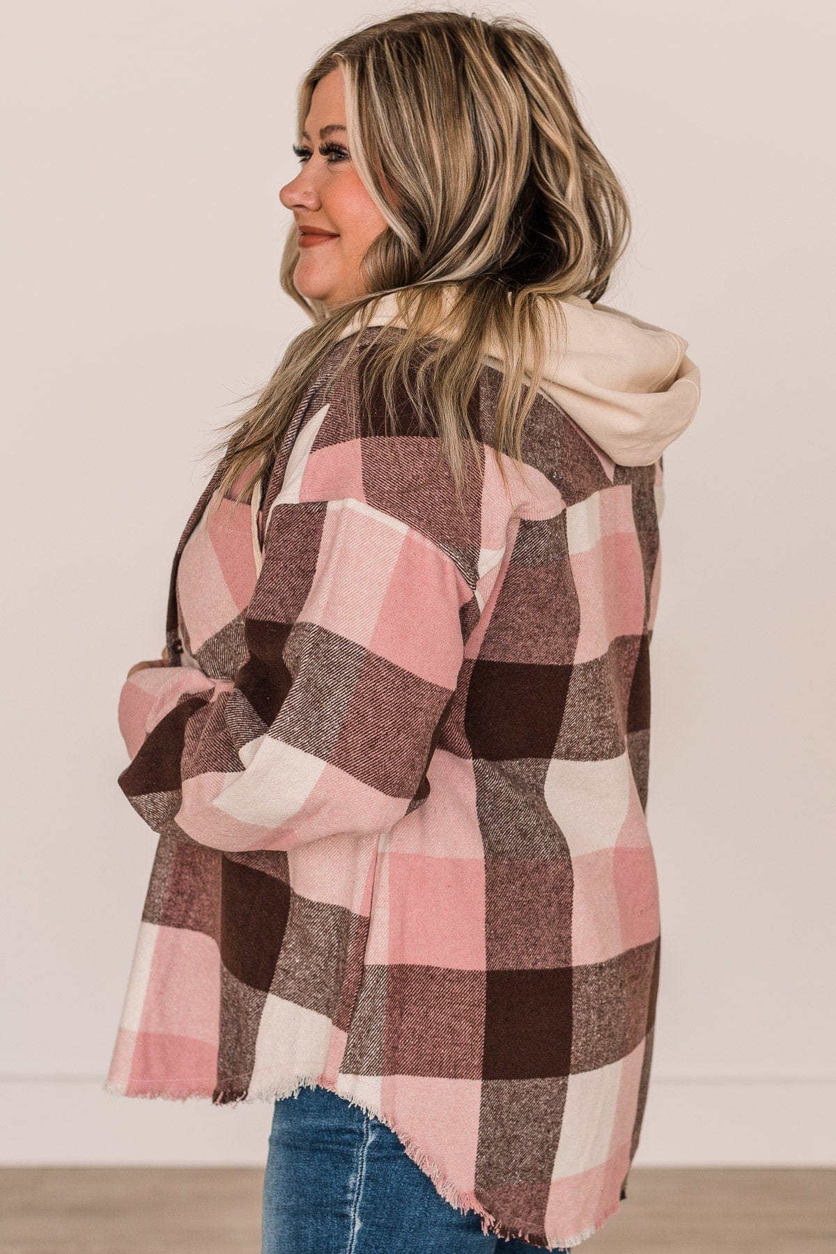 Just Can't Resist Hooded Plaid Top- Blush & Brown - Image 6