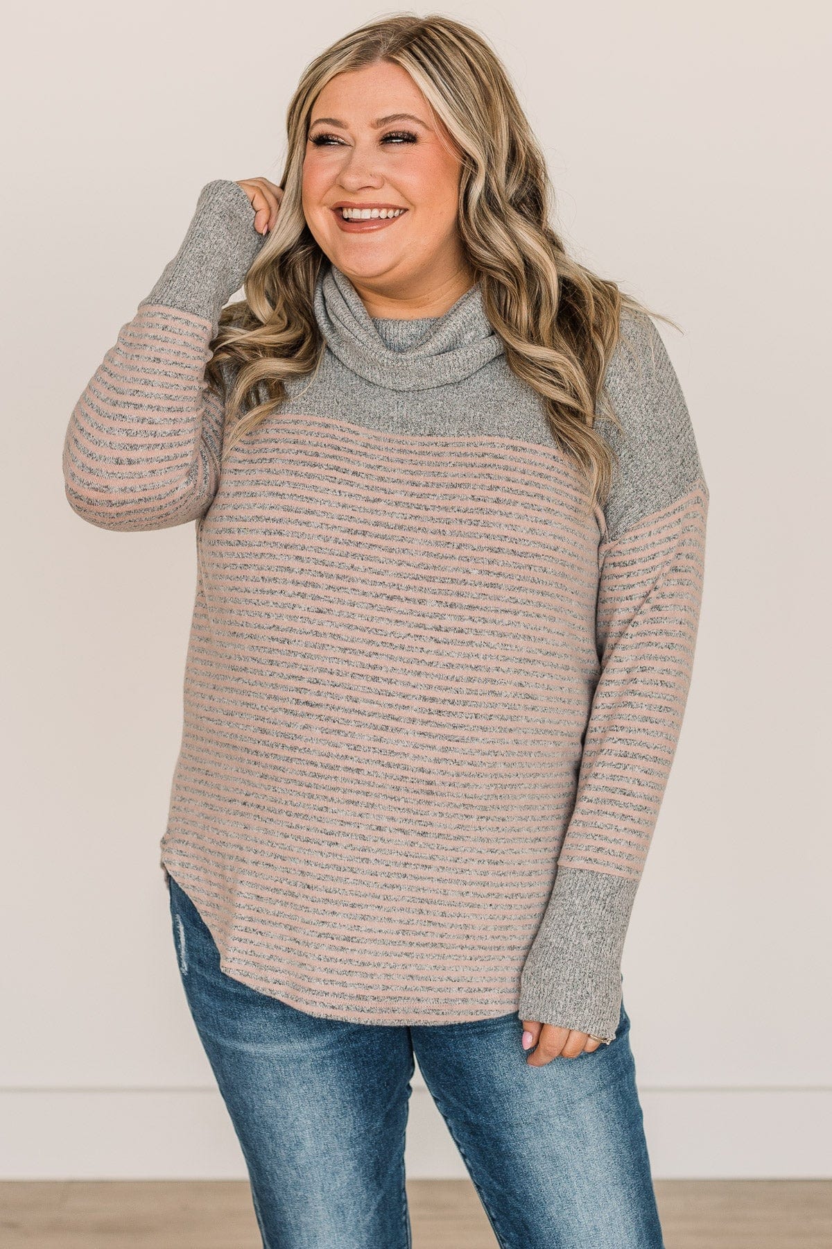 Just Can't Wait Cowl Neck Top- Grey & Dusty Pink - Image 3