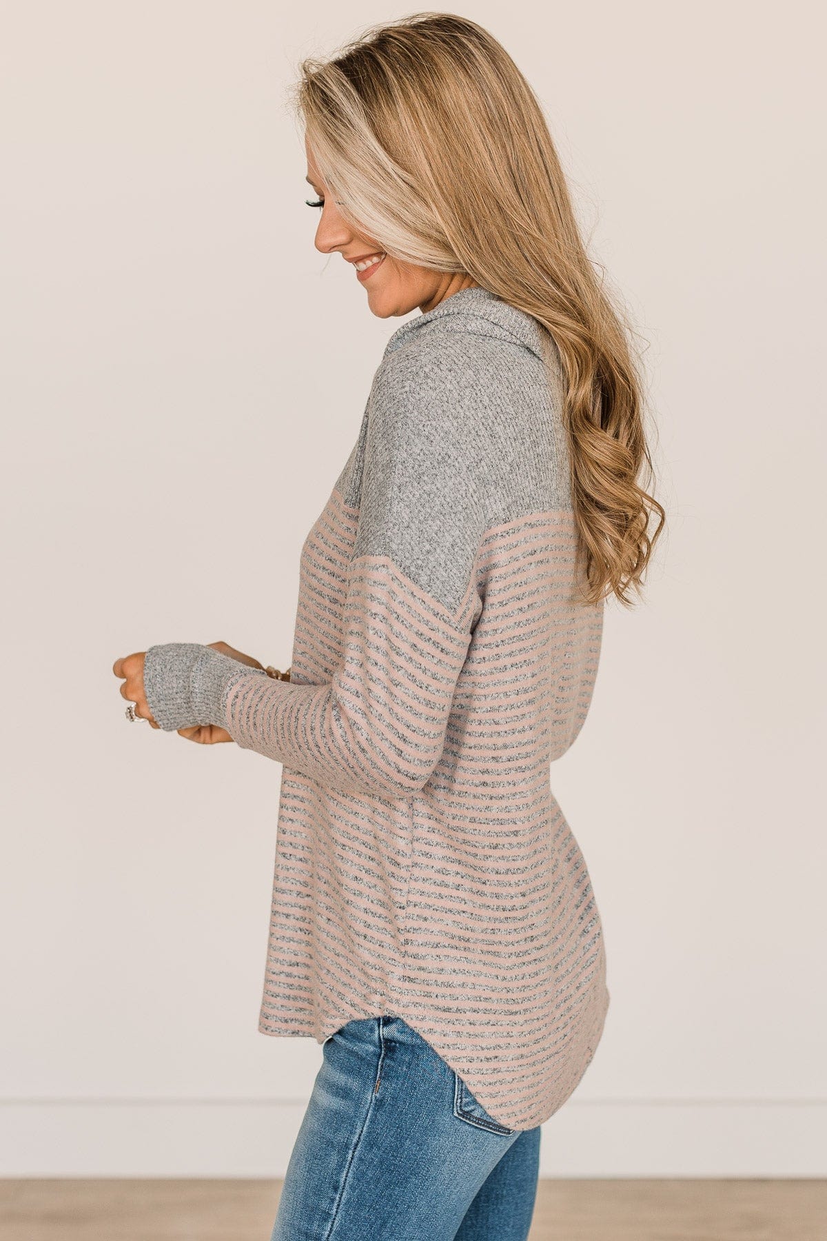 Just Can't Wait Cowl Neck Top- Grey & Dusty Pink - Image 6