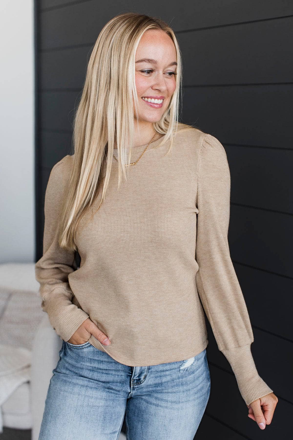 Just Dazzling Puff Sleeve Top- Taupe - Image 4
