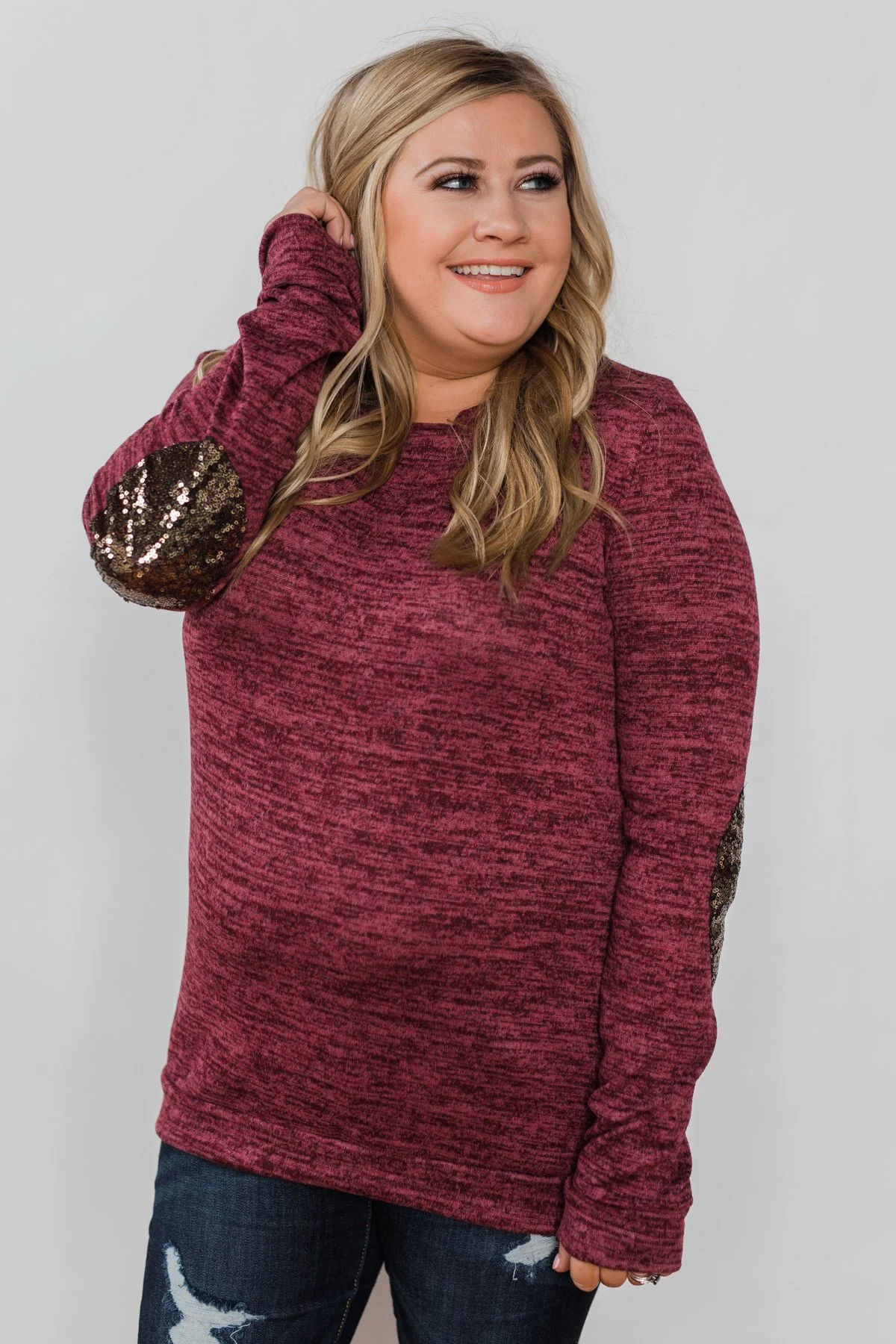 Just Enough Sequin Elbow Patch Sweater- Plum - Image 10