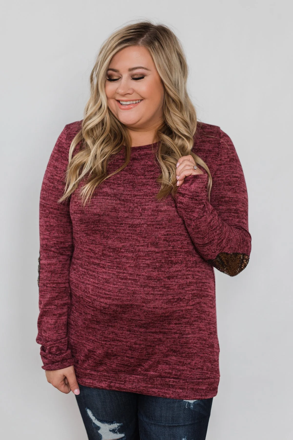 Just Enough Sequin Elbow Patch Sweater- Plum - Image 9