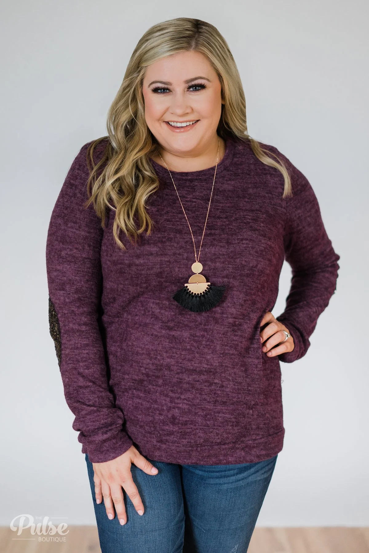 Just Enough Sequin Elbow Patch Sweater- Eggplant - Image 2
