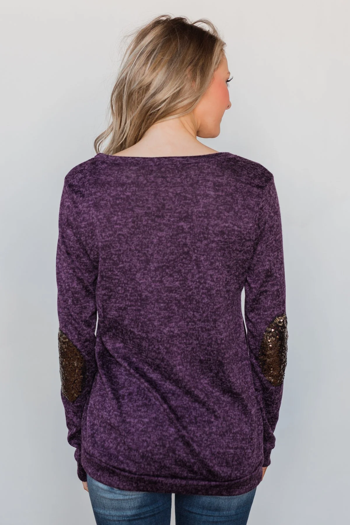 Just Enough Sequin Elbow Patch Sweater - Grape - Image 10
