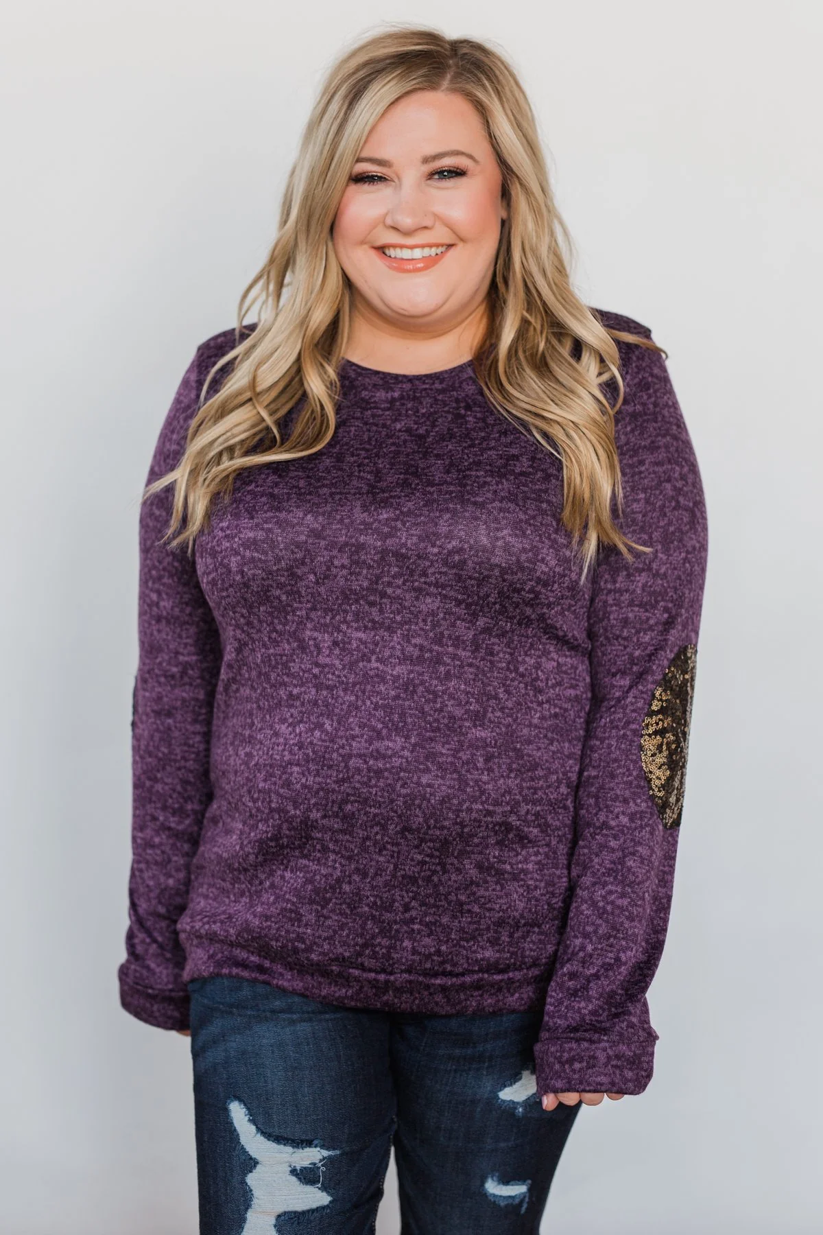 Just Enough Sequin Elbow Patch Sweater - Grape - Image 11