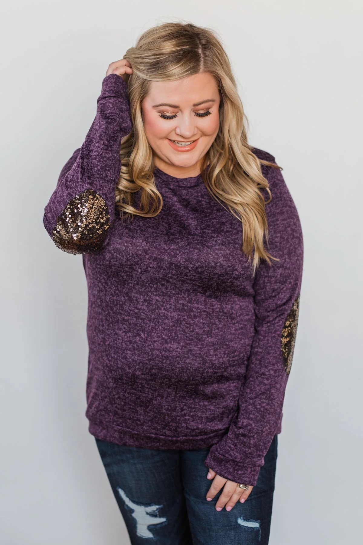 Just Enough Sequin Elbow Patch Sweater - Grape - Image 12
