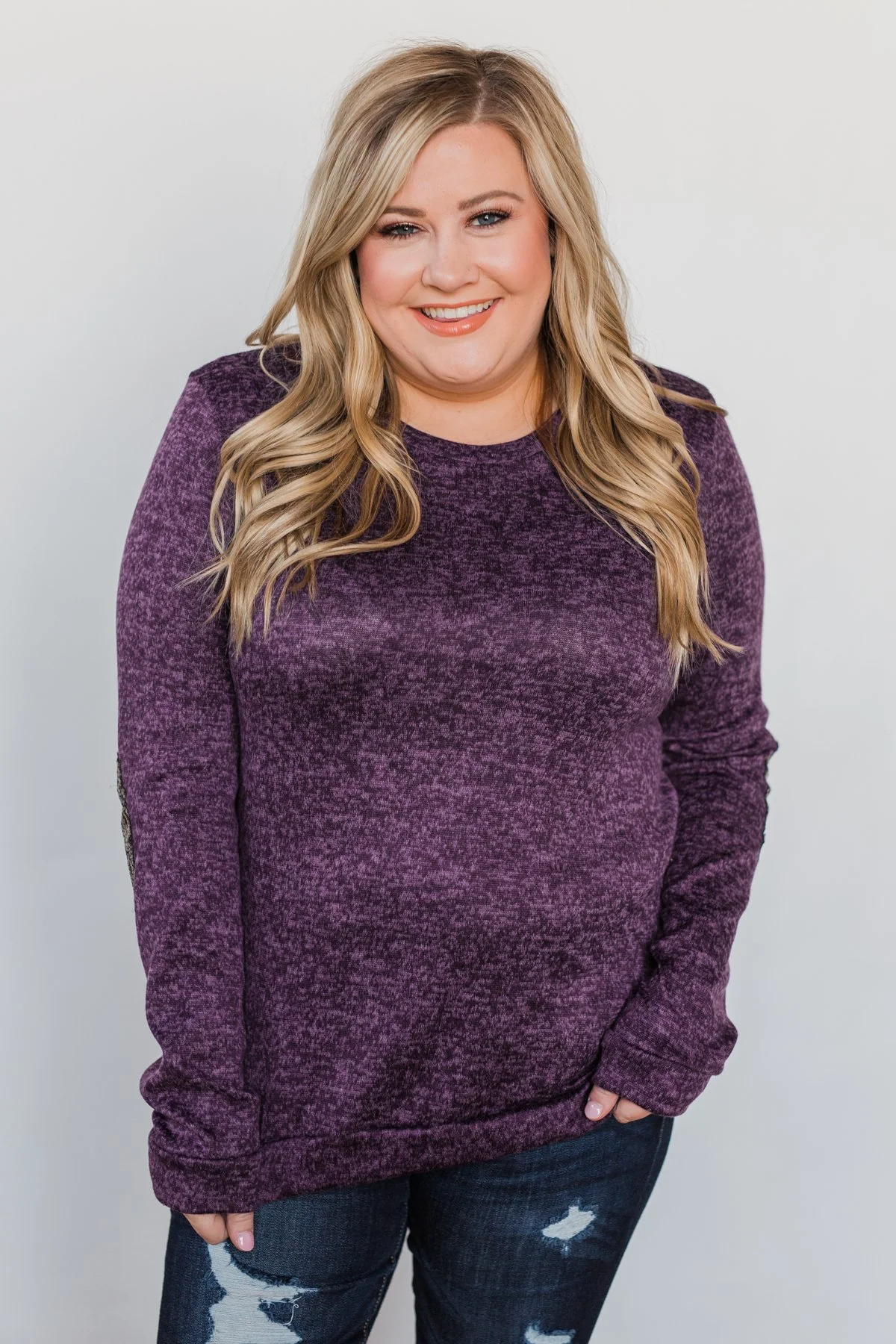 Just Enough Sequin Elbow Patch Sweater - Grape - Image 13