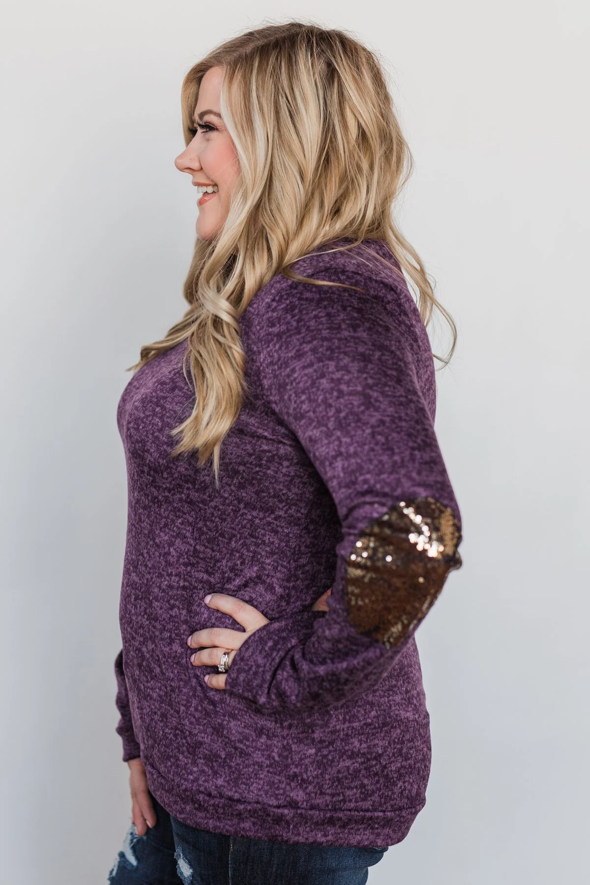 Just Enough Sequin Elbow Patch Sweater - Grape - Image 14