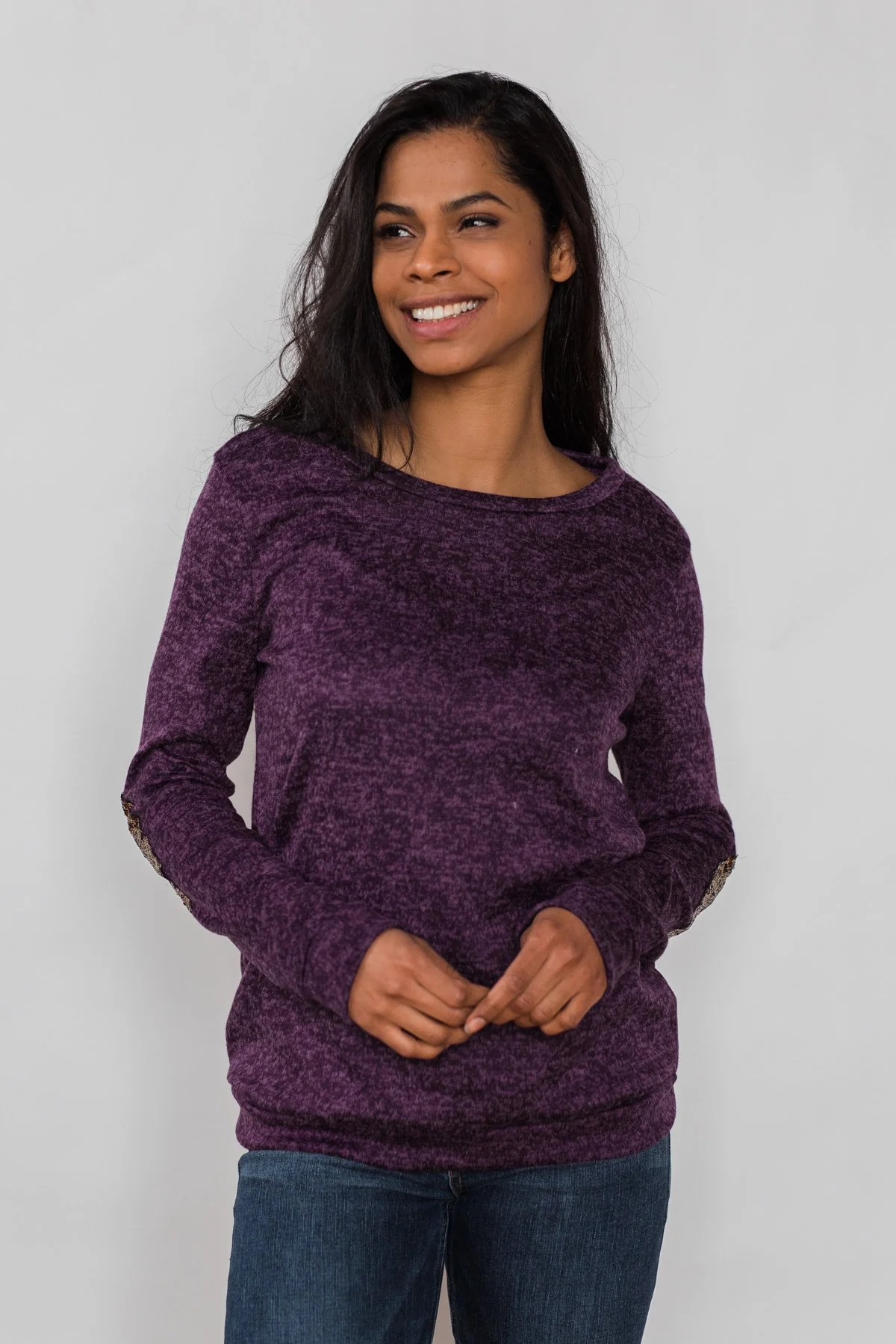 Just Enough Sequin Elbow Patch Sweater - Grape - Image 16