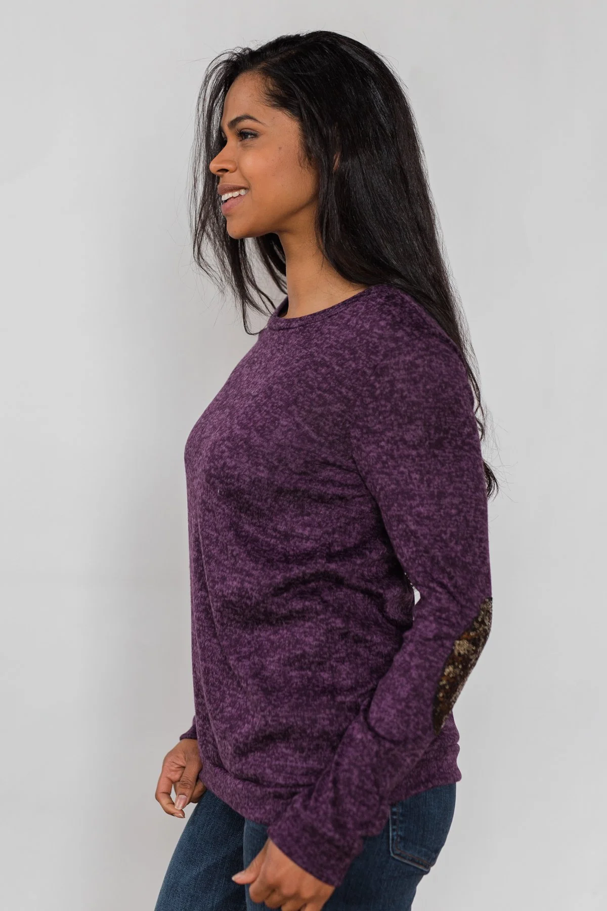 Just Enough Sequin Elbow Patch Sweater - Grape - Image 17