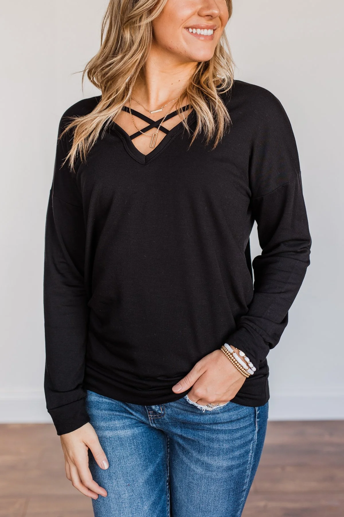 Just For Fun Criss Cross Long Sleeve Top- Black - Image 2