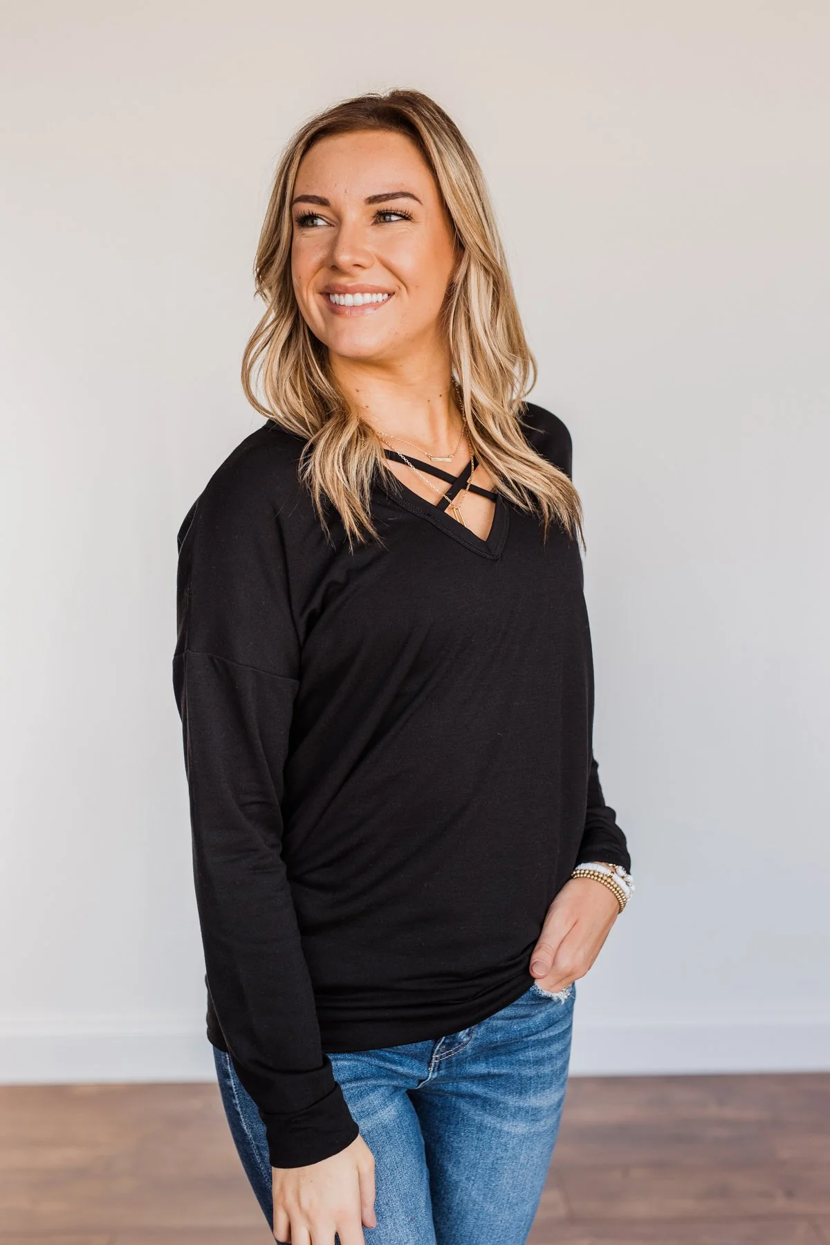 Just For Fun Criss Cross Long Sleeve Top- Black - Image 5
