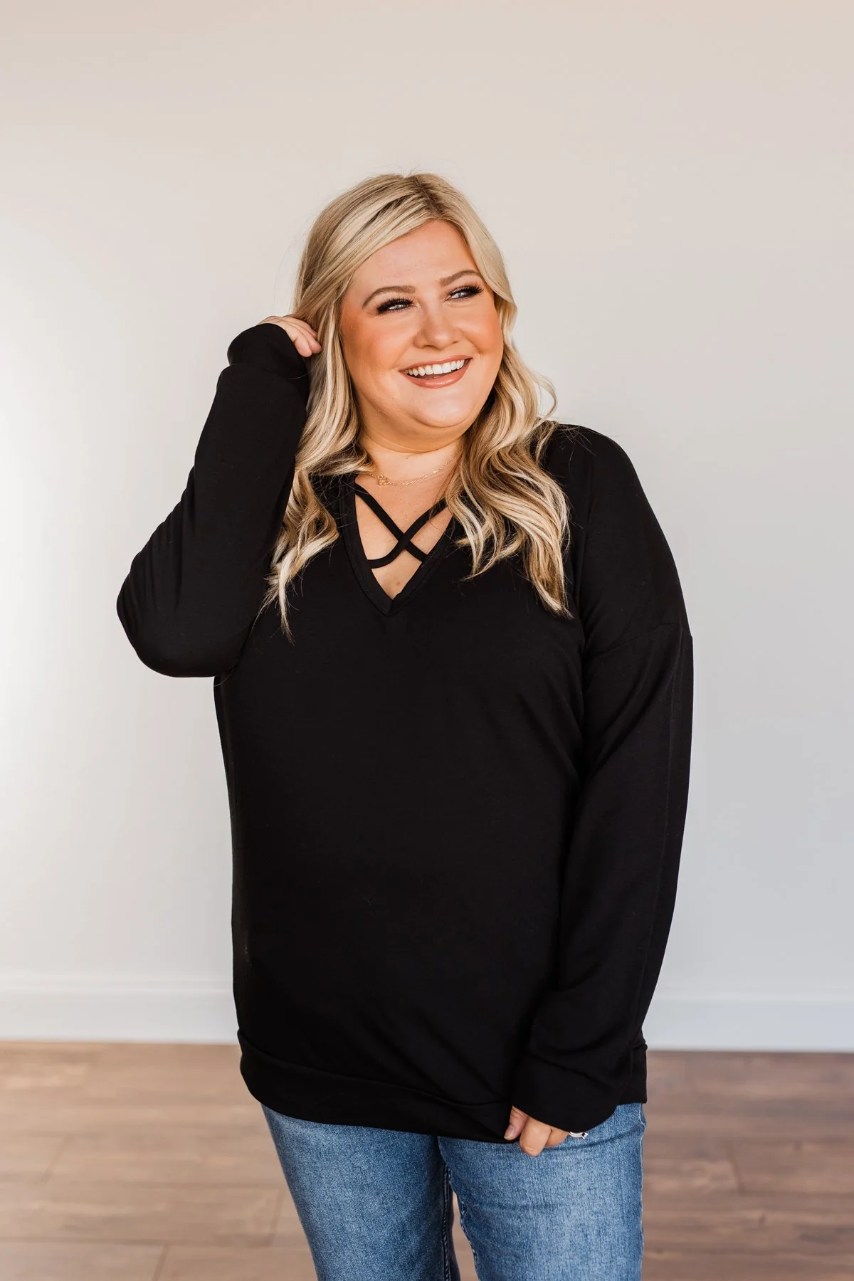 Just For Fun Criss Cross Long Sleeve Top- Black - Image 6
