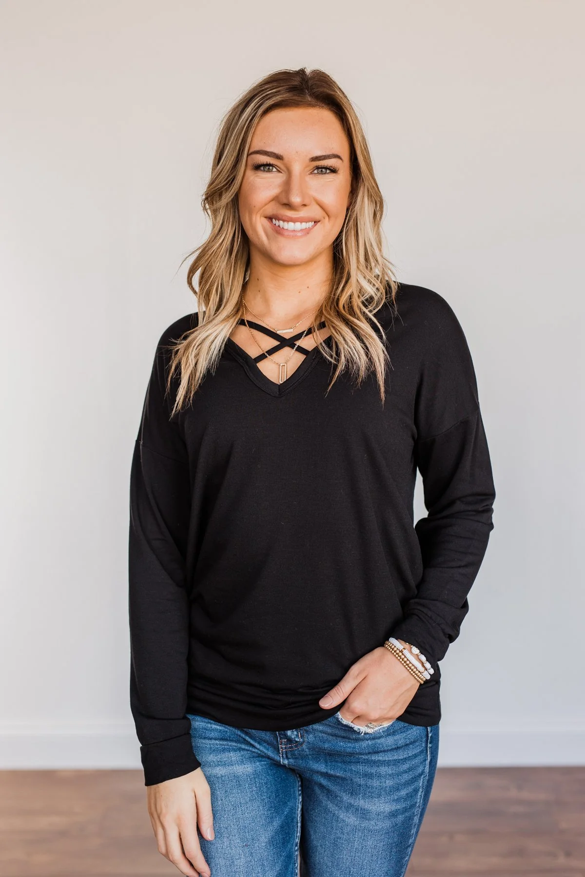 Just For Fun Criss Cross Long Sleeve Top- Black - Image 7