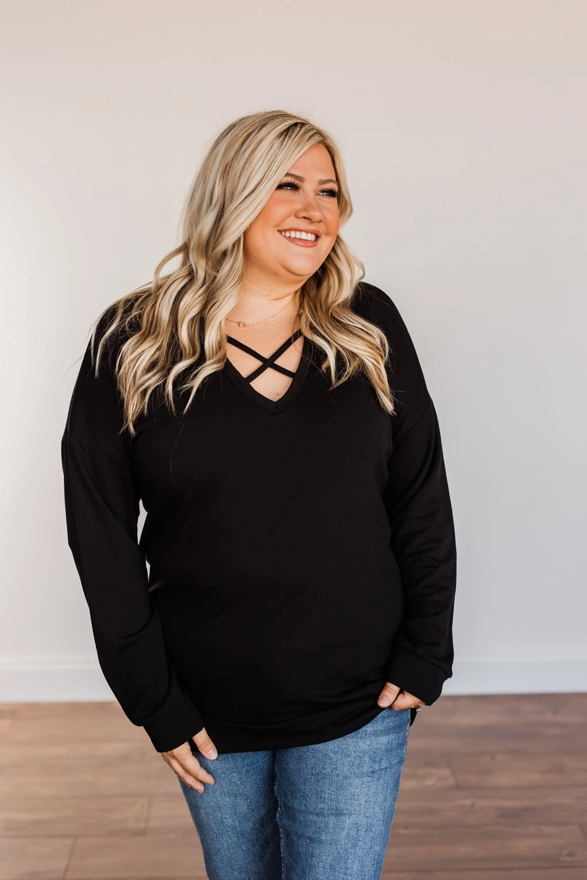 Just For Fun Criss Cross Long Sleeve Top- Black - Image 8