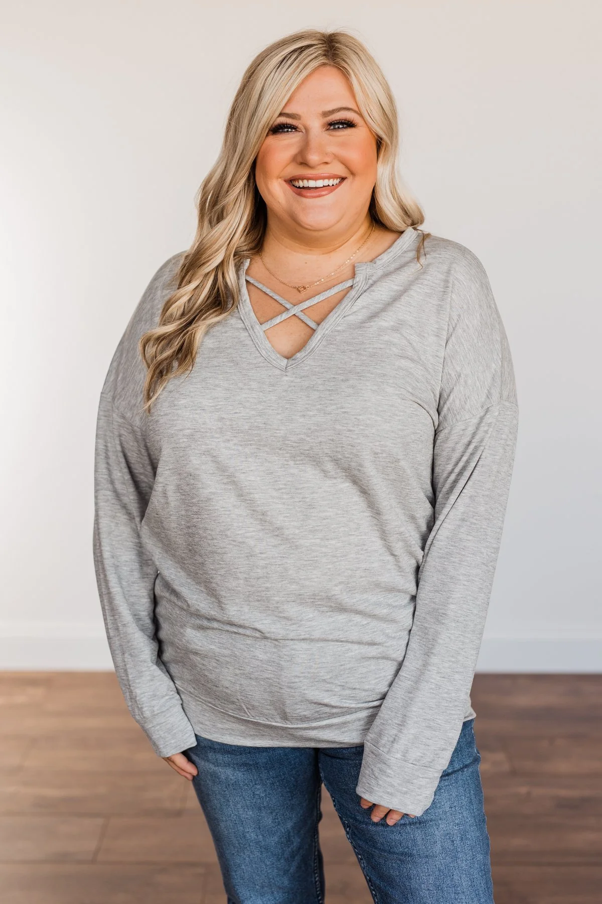 Just For Fun Criss Cross Long Sleeve Top- Grey - Image 6