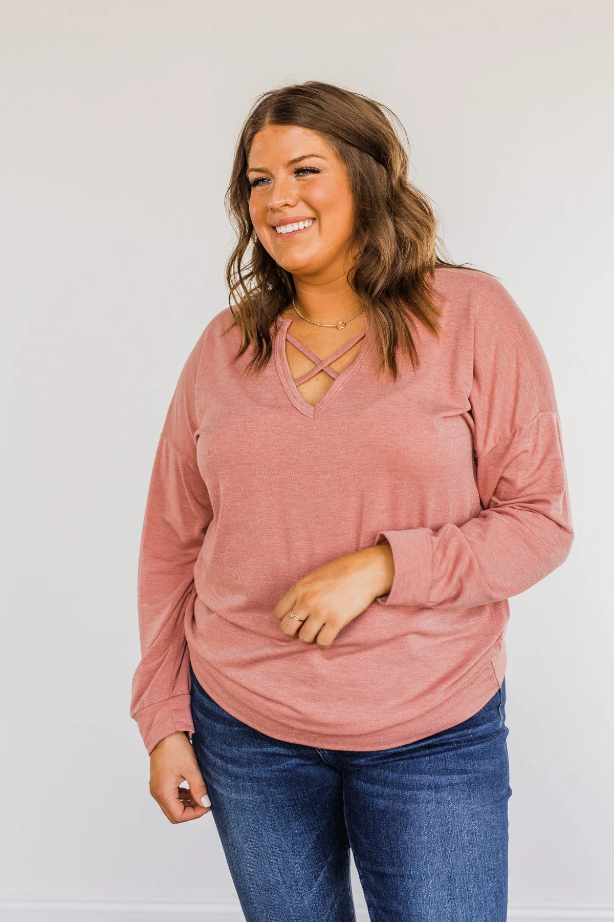 Just For Fun Criss Cross Long Sleeve Top- Mauve - Image 7