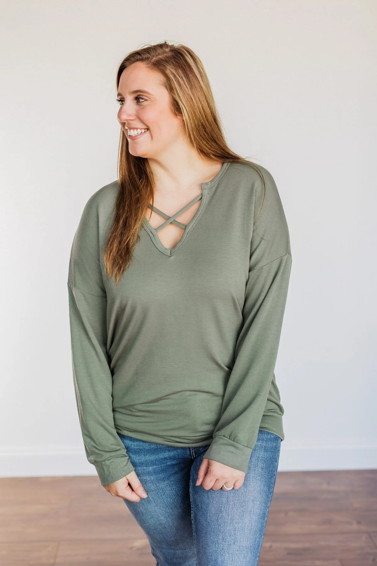 Just For Fun Criss Cross Long Sleeve Top- Olive - Image 3
