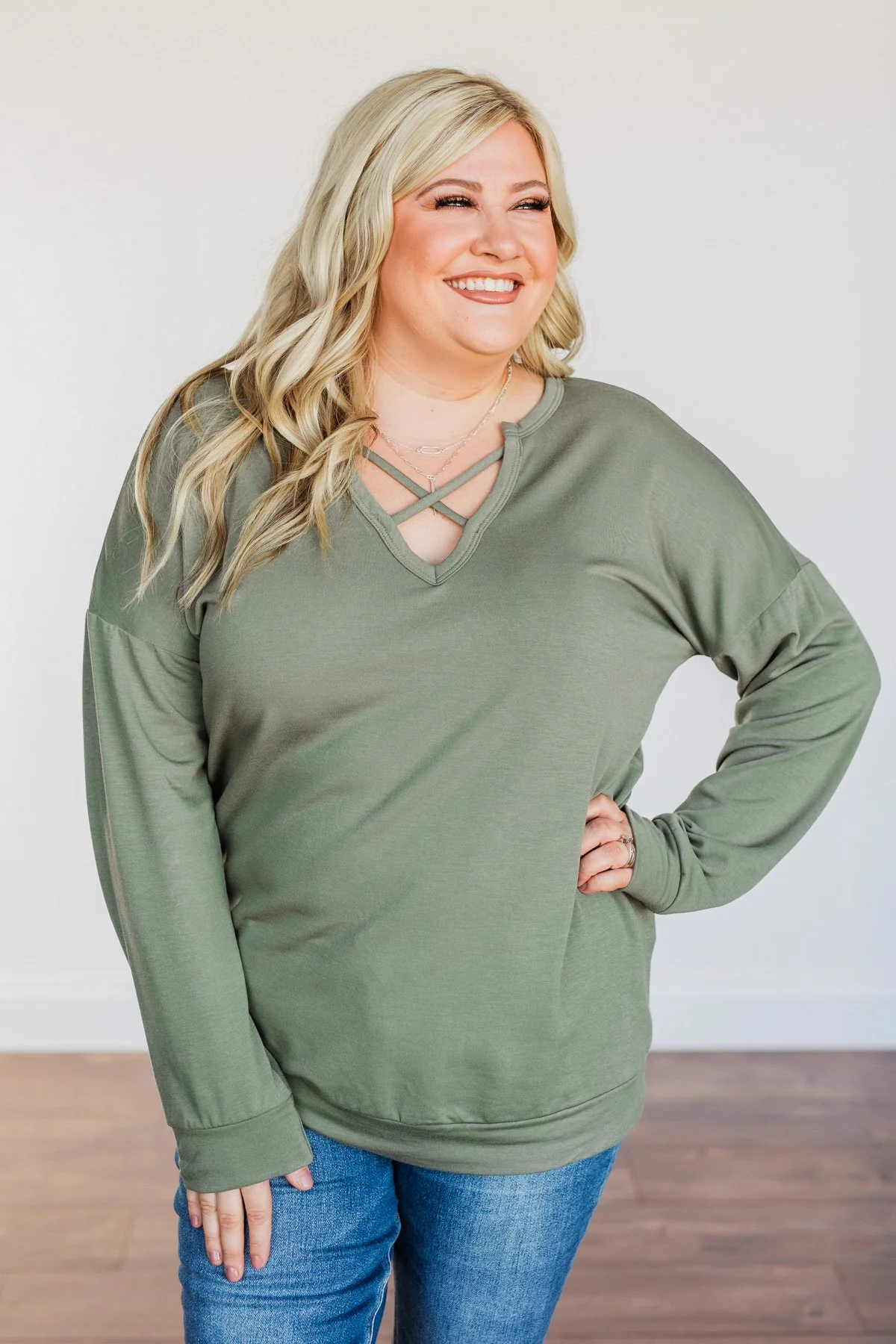Just For Fun Criss Cross Long Sleeve Top- Olive - Image 5
