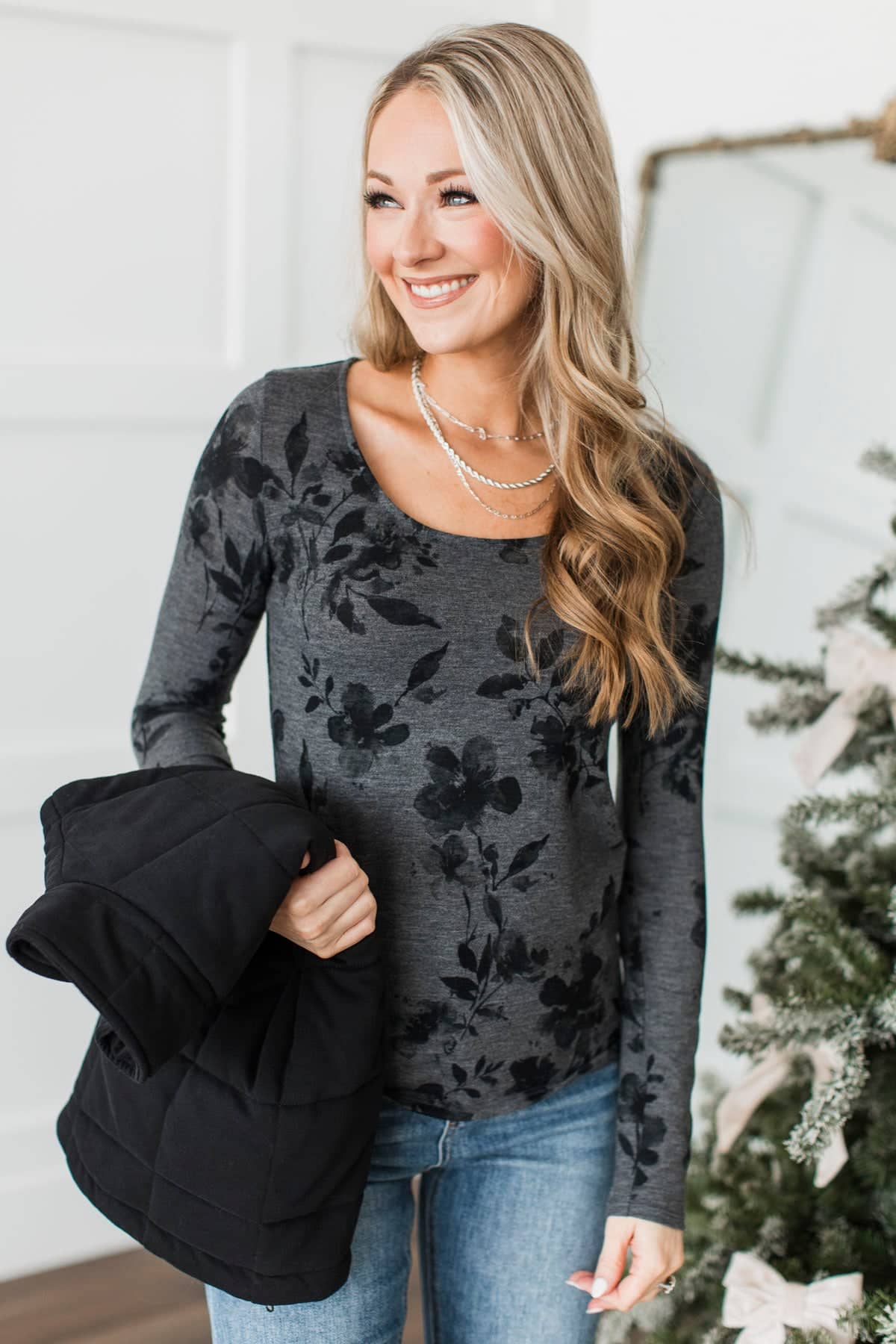 Just For Laughs Long Sleeve Floral Top- Charcoal - Image 2