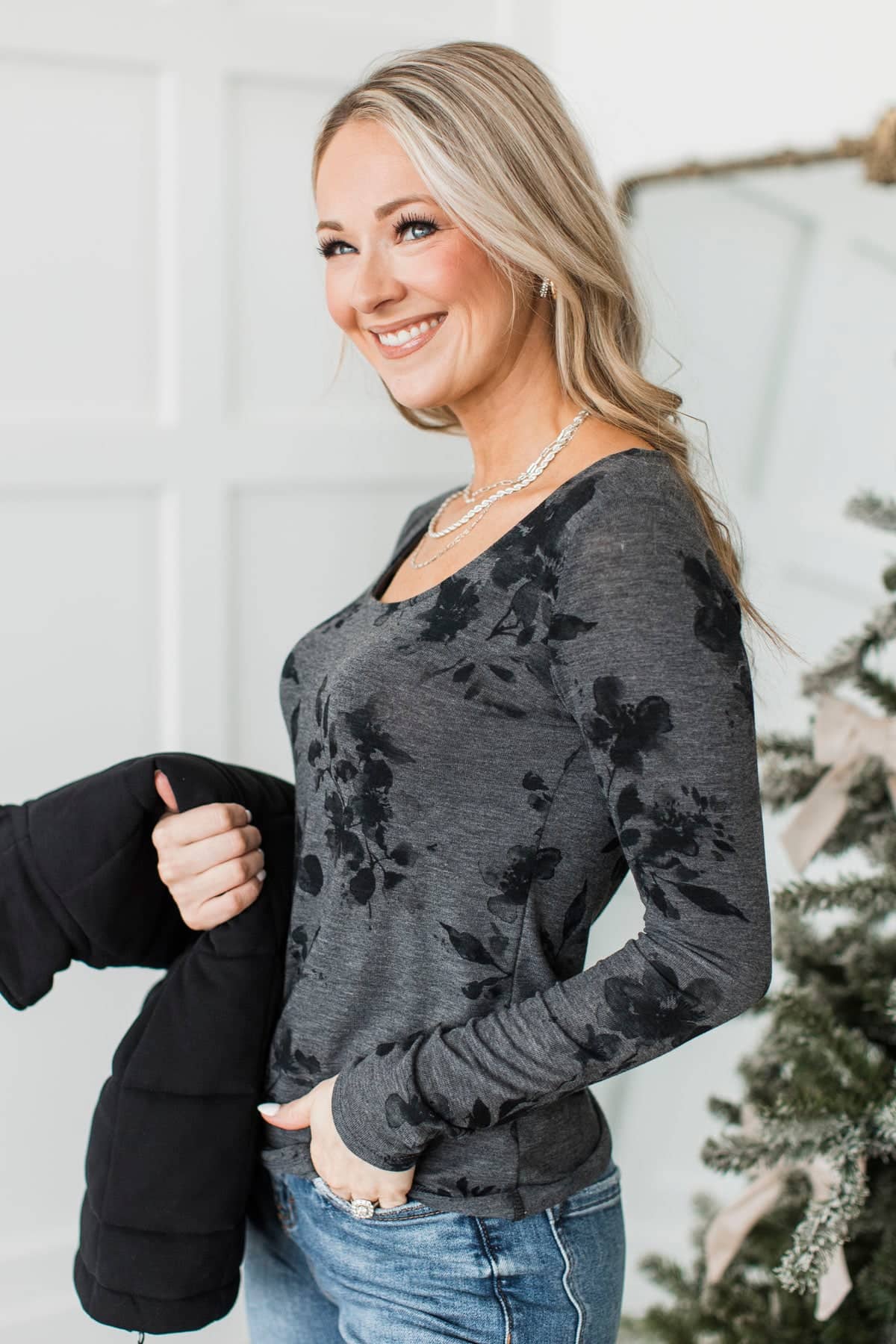 Just For Laughs Long Sleeve Floral Top- Charcoal - Image 3