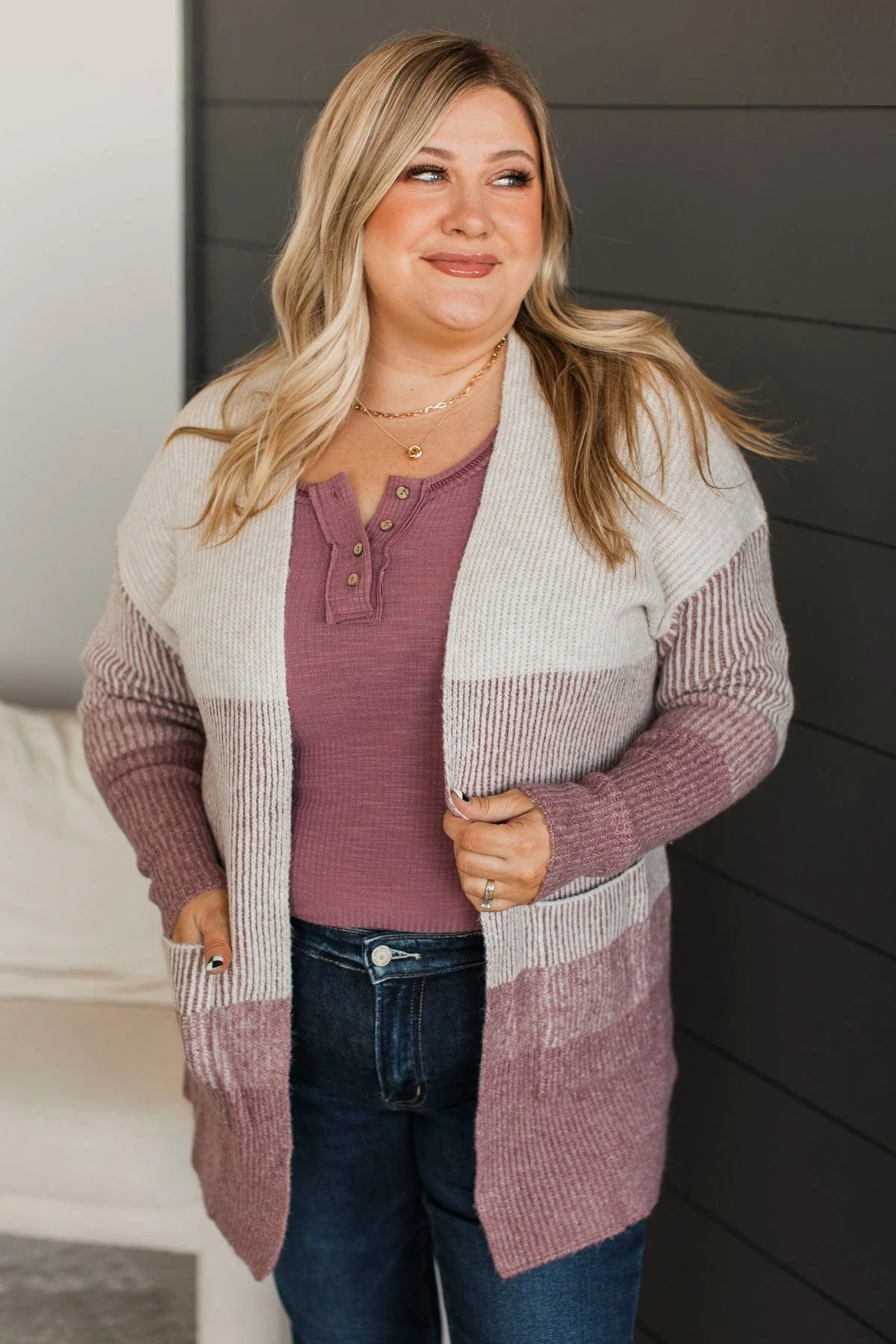 Just For Once Open Front Cardigan- Dark Mauve - Image 4
