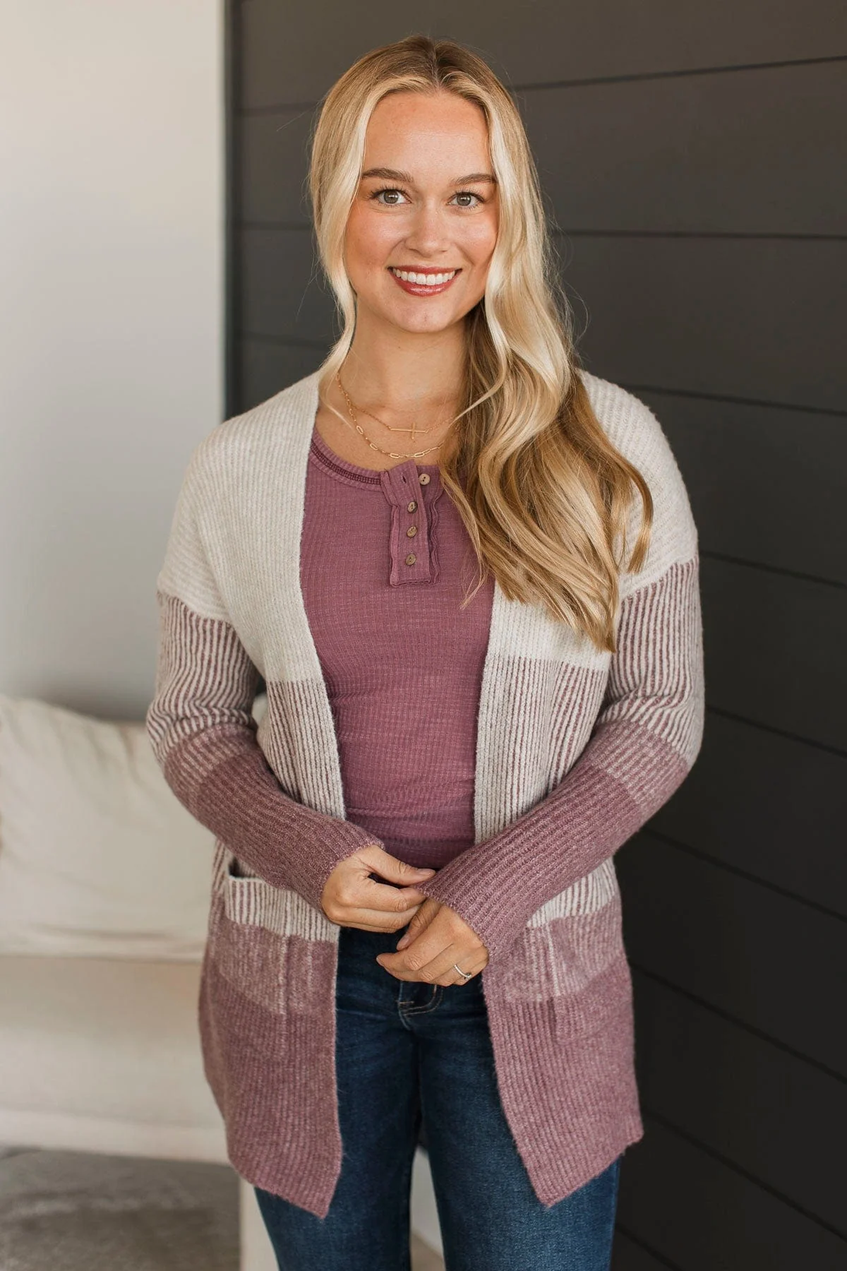 Just For Once Open Front Cardigan- Dark Mauve - Image 5