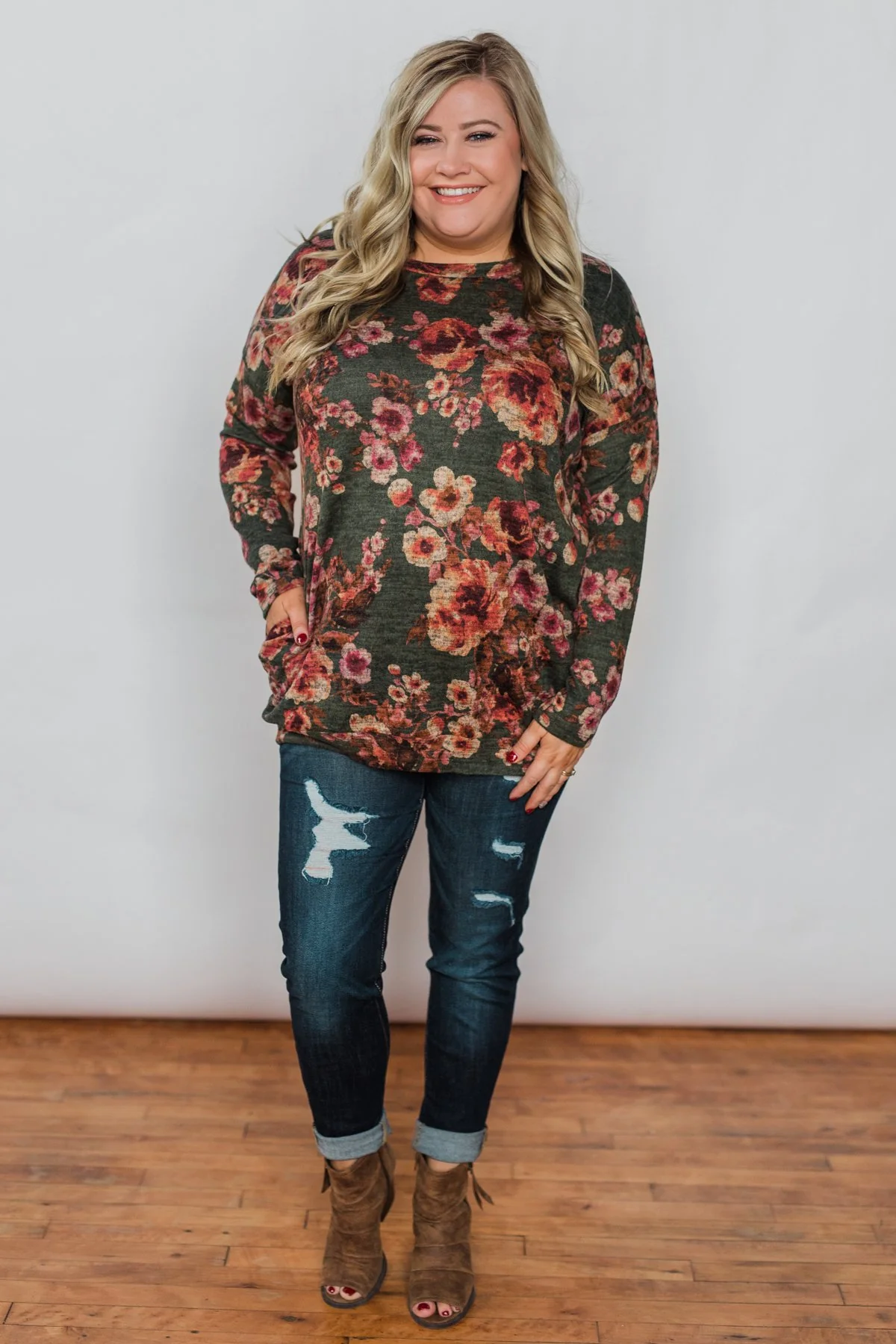 Just For You Floral Pullover Top- Olive - Image 3