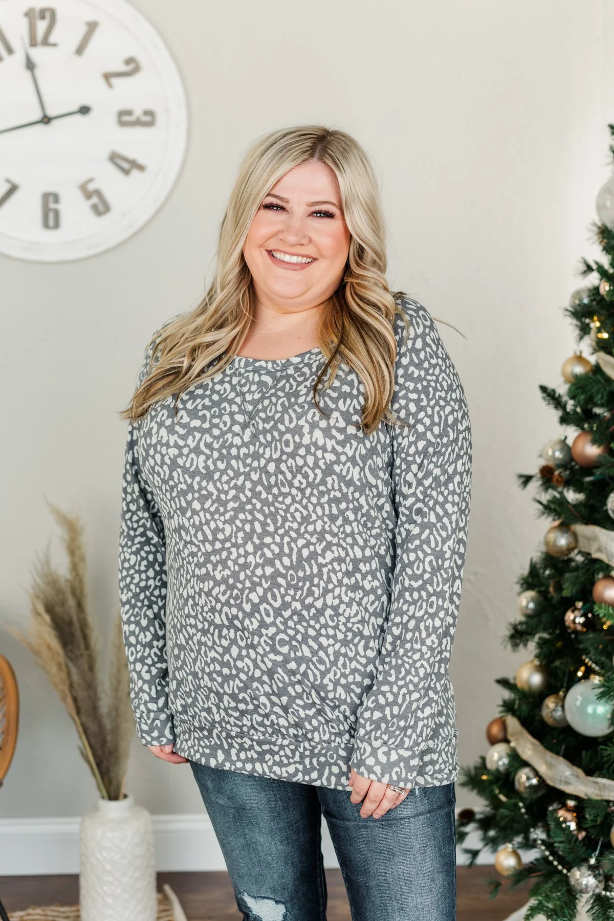 Just Go With It Long Sleeve Leopard Top- Charcoal & Beige - Image 4