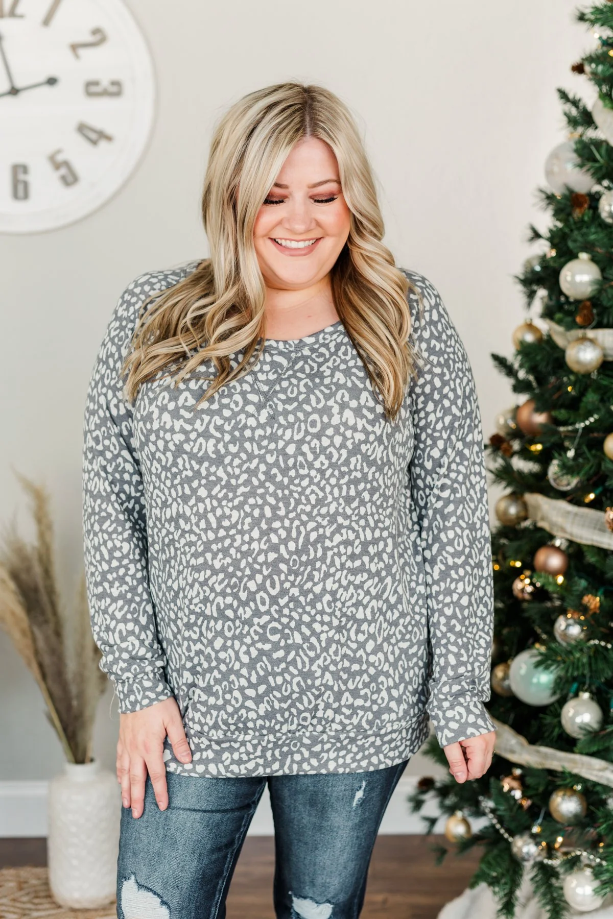 Just Go With It Long Sleeve Leopard Top- Charcoal & Beige - Image 6