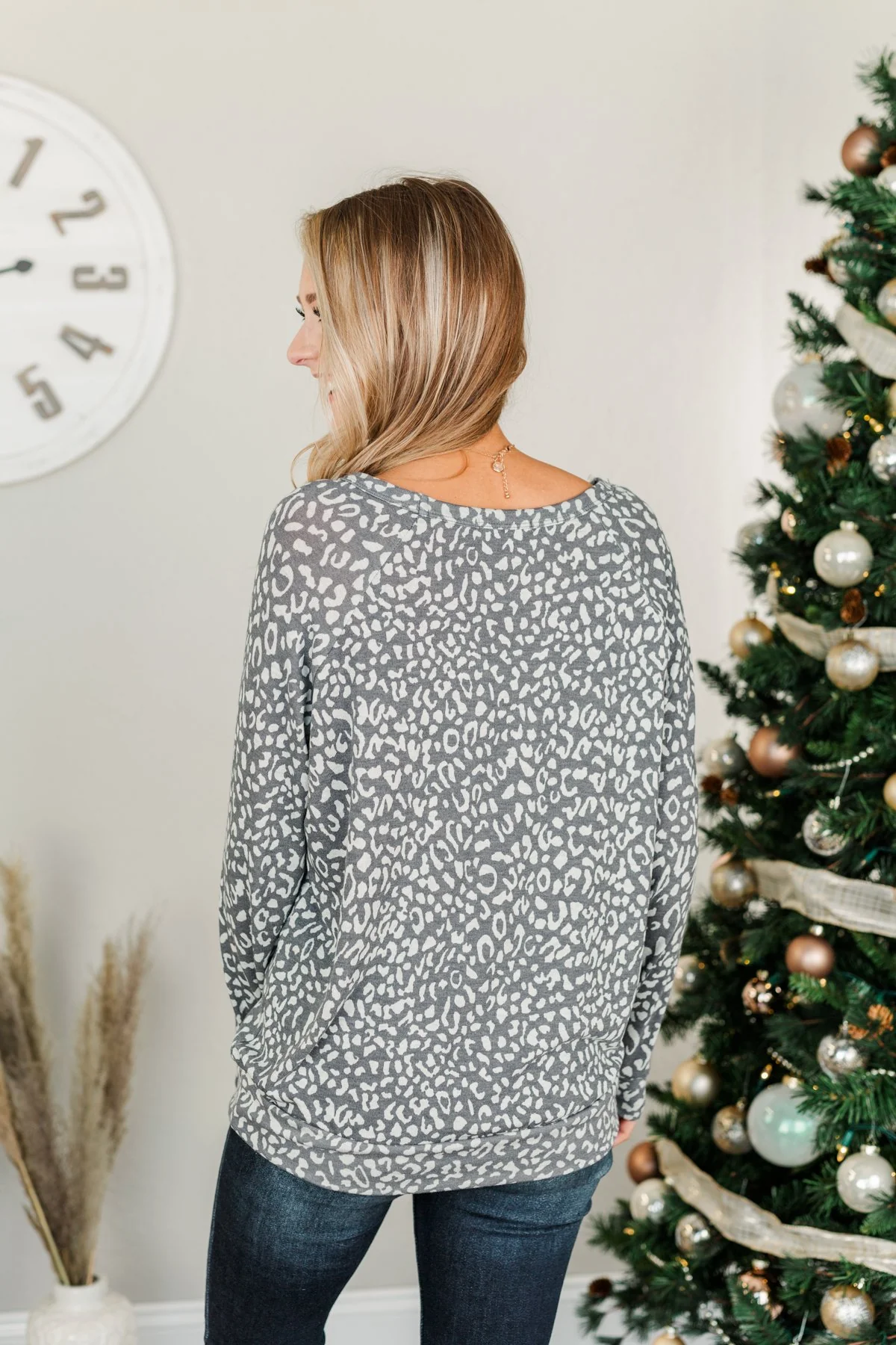 Just Go With It Long Sleeve Leopard Top- Charcoal & Beige - Image 7