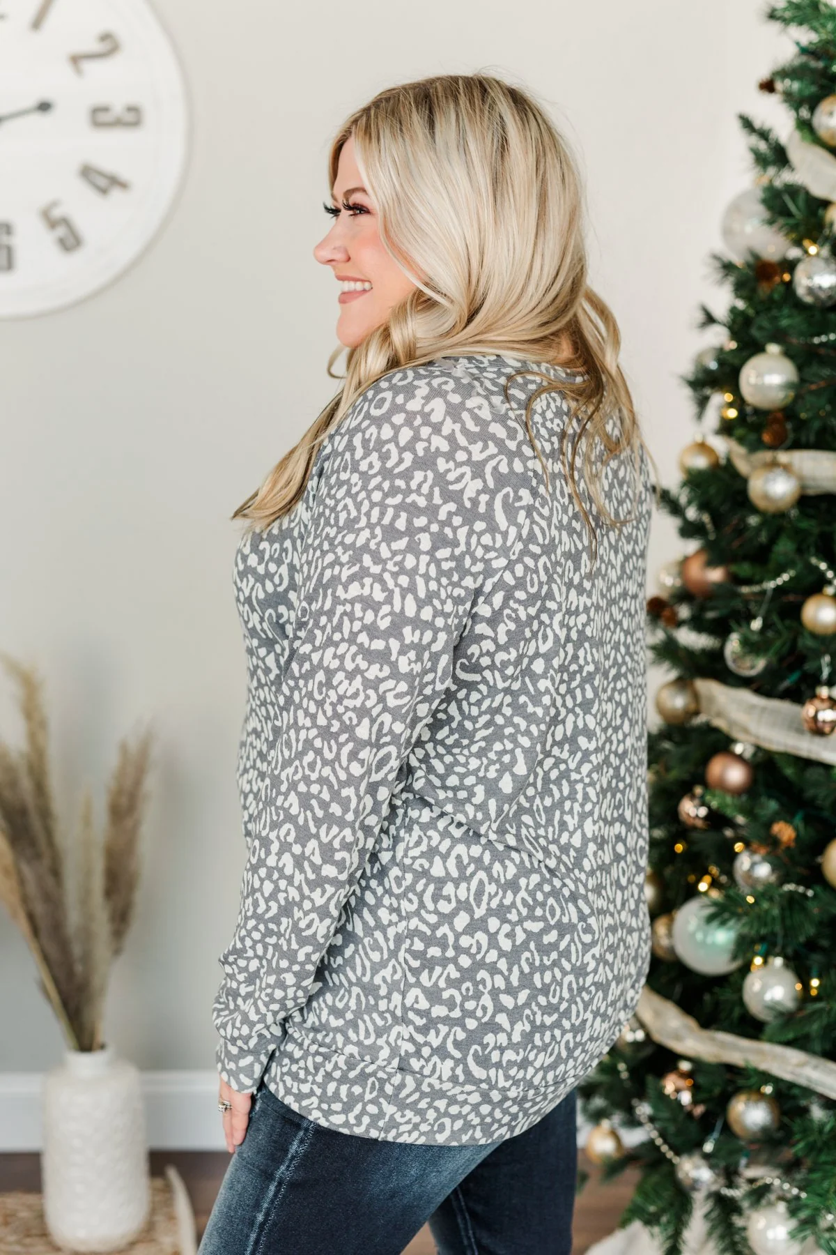 Just Go With It Long Sleeve Leopard Top- Charcoal & Beige - Image 8
