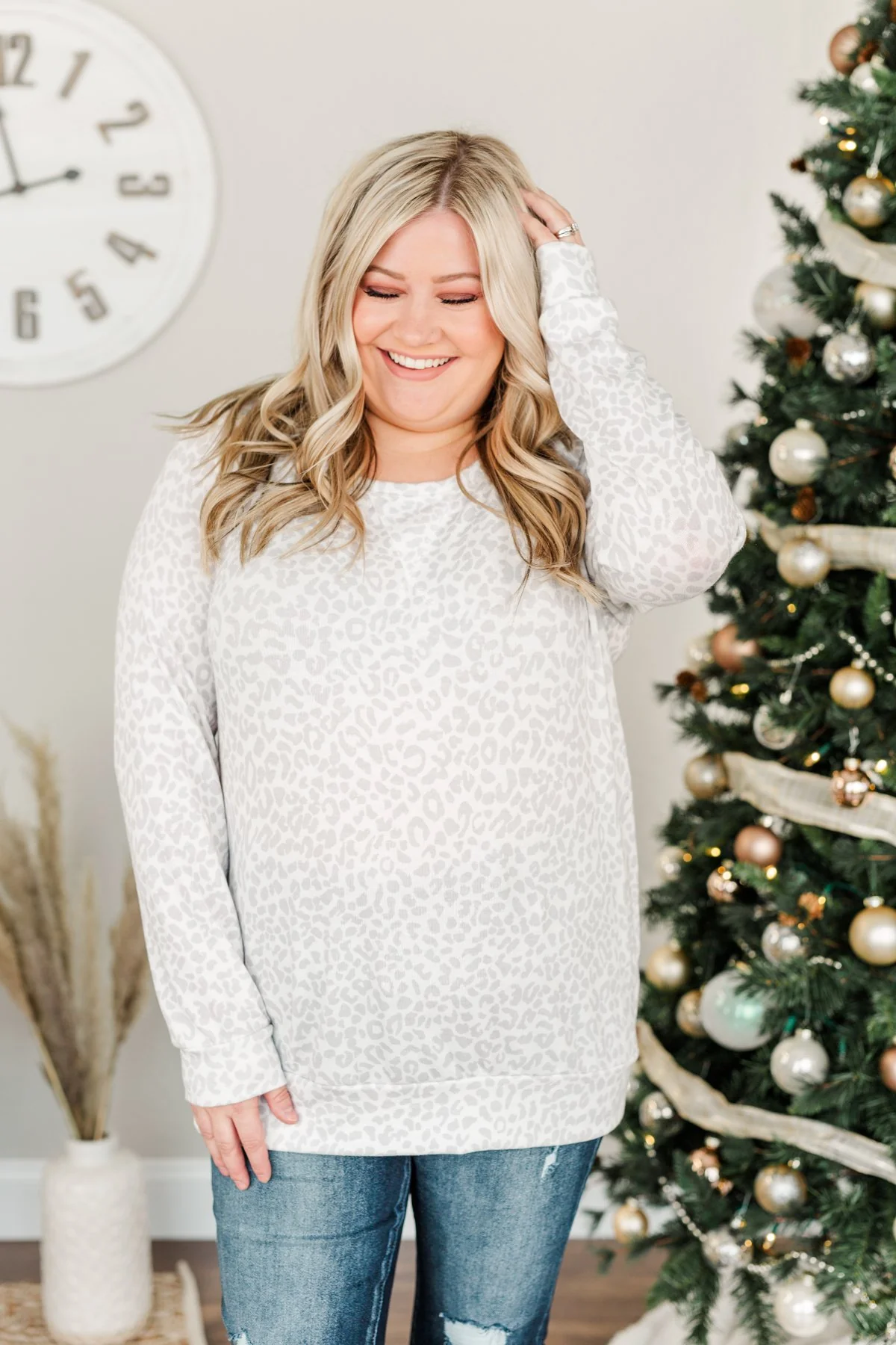 Just Go With It Long Sleeve Leopard Top- Off White & Silver - Image 5