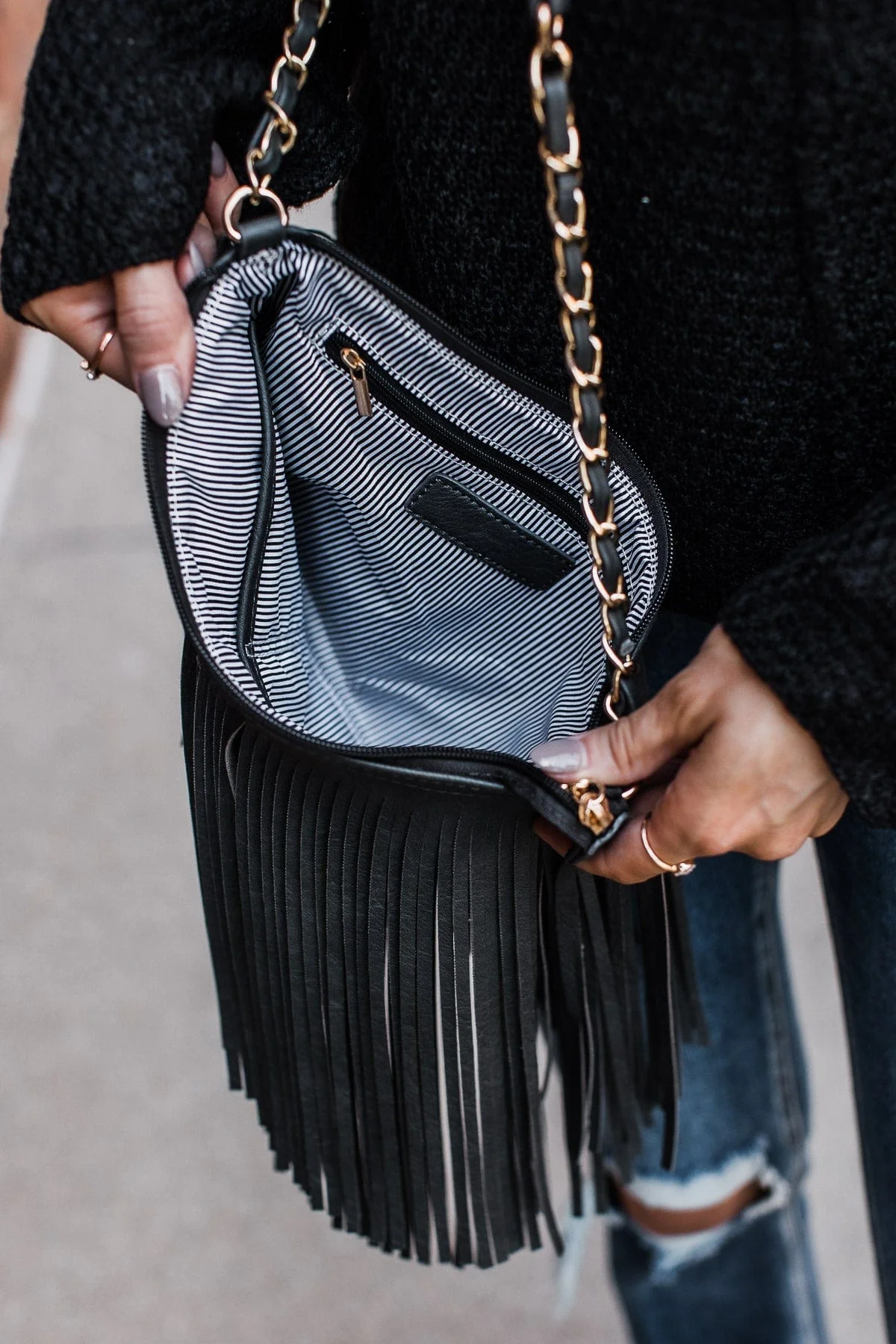 Just Imagine Fringe Crossbody Purse- Vintage Black - Image 4