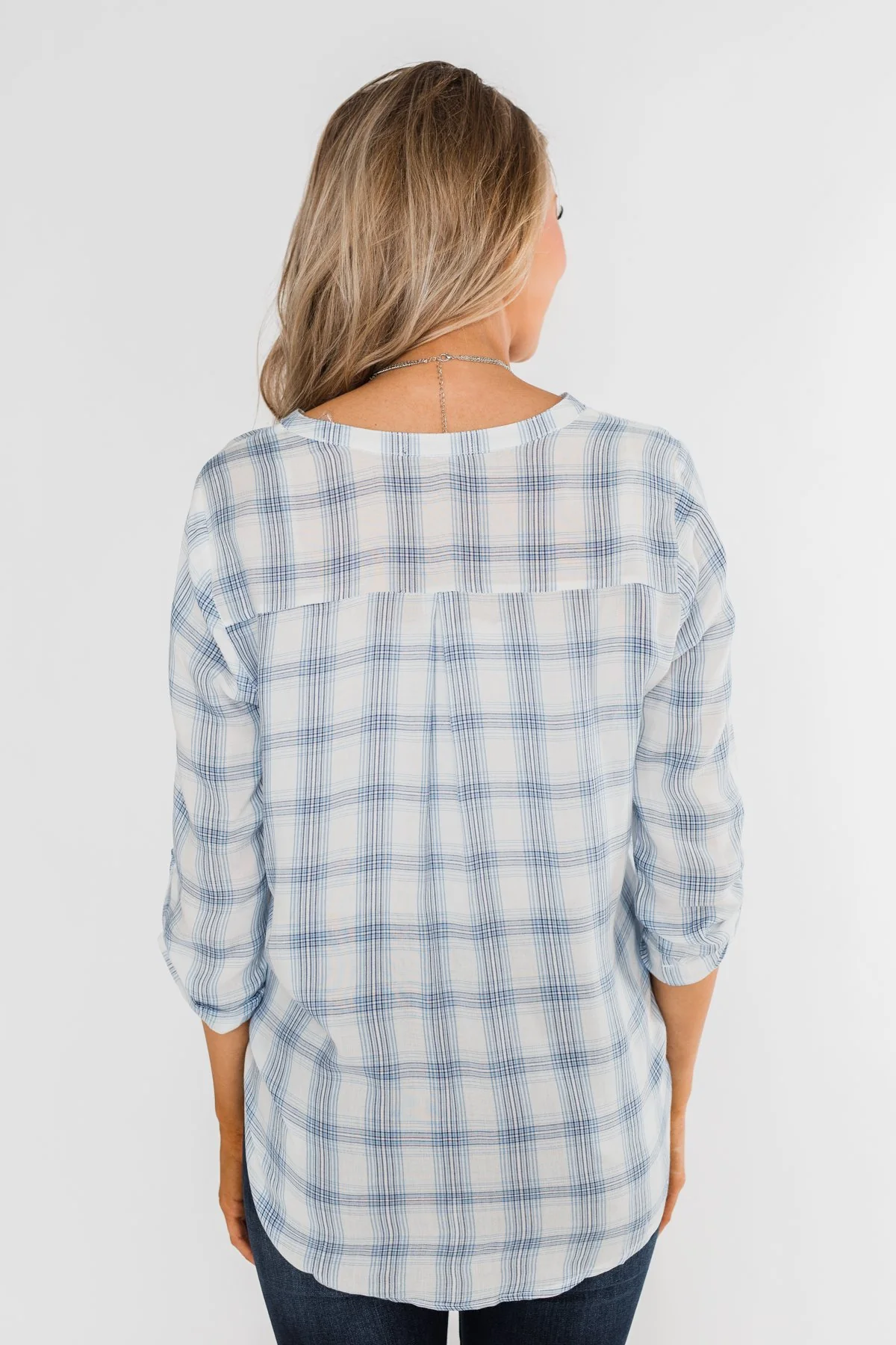 Just In Time Plaid Wrap Top- Blue - Image 13