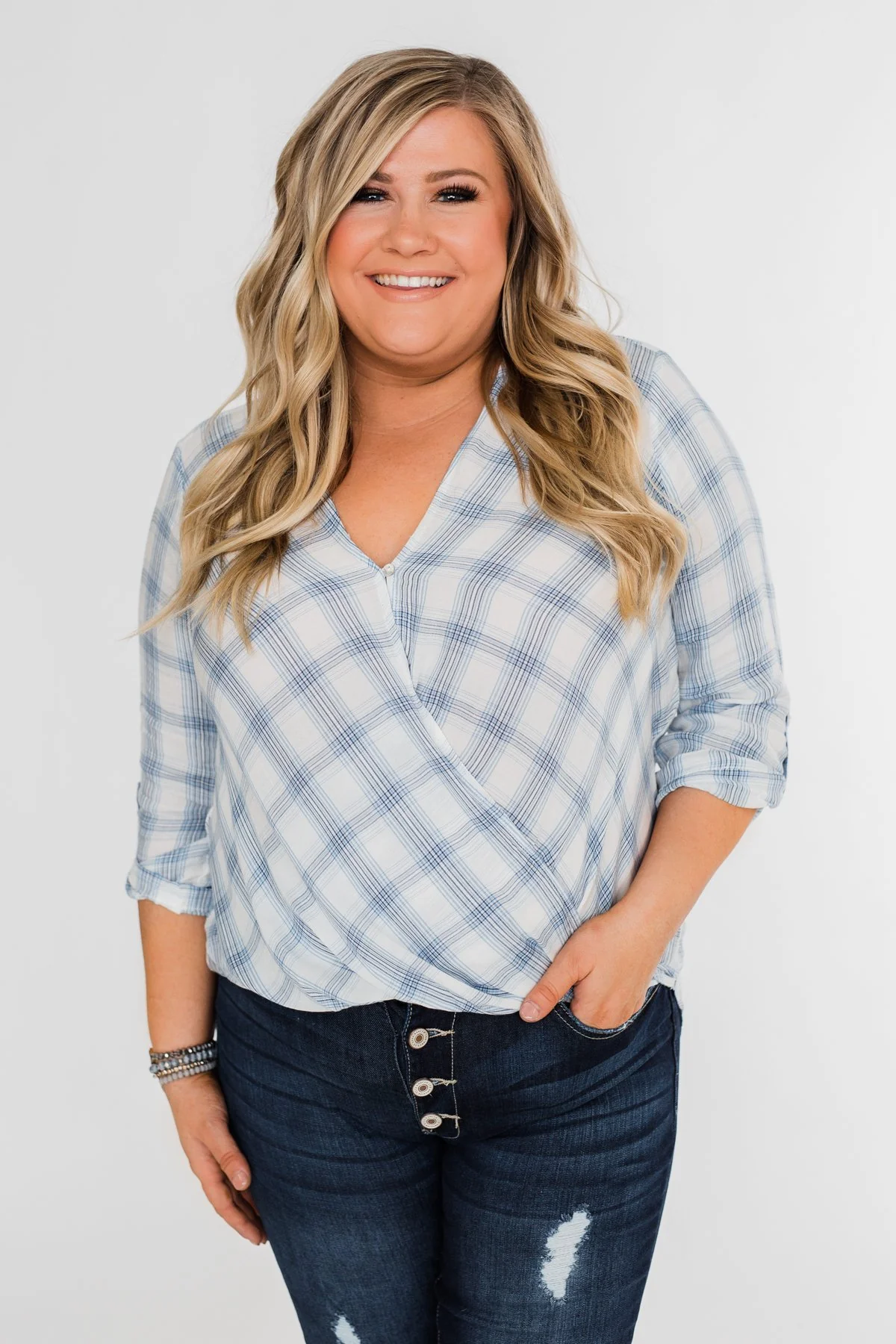 Just In Time Plaid Wrap Top- Blue - Image 2