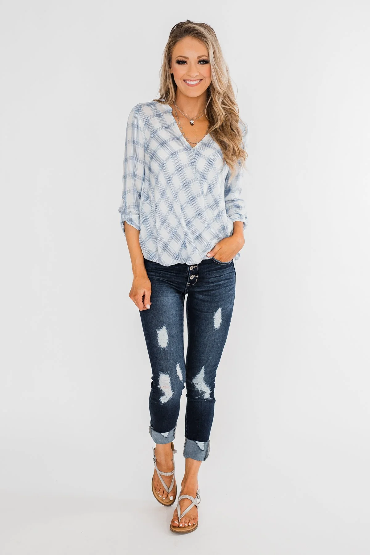 Just In Time Plaid Wrap Top- Blue - Image 3
