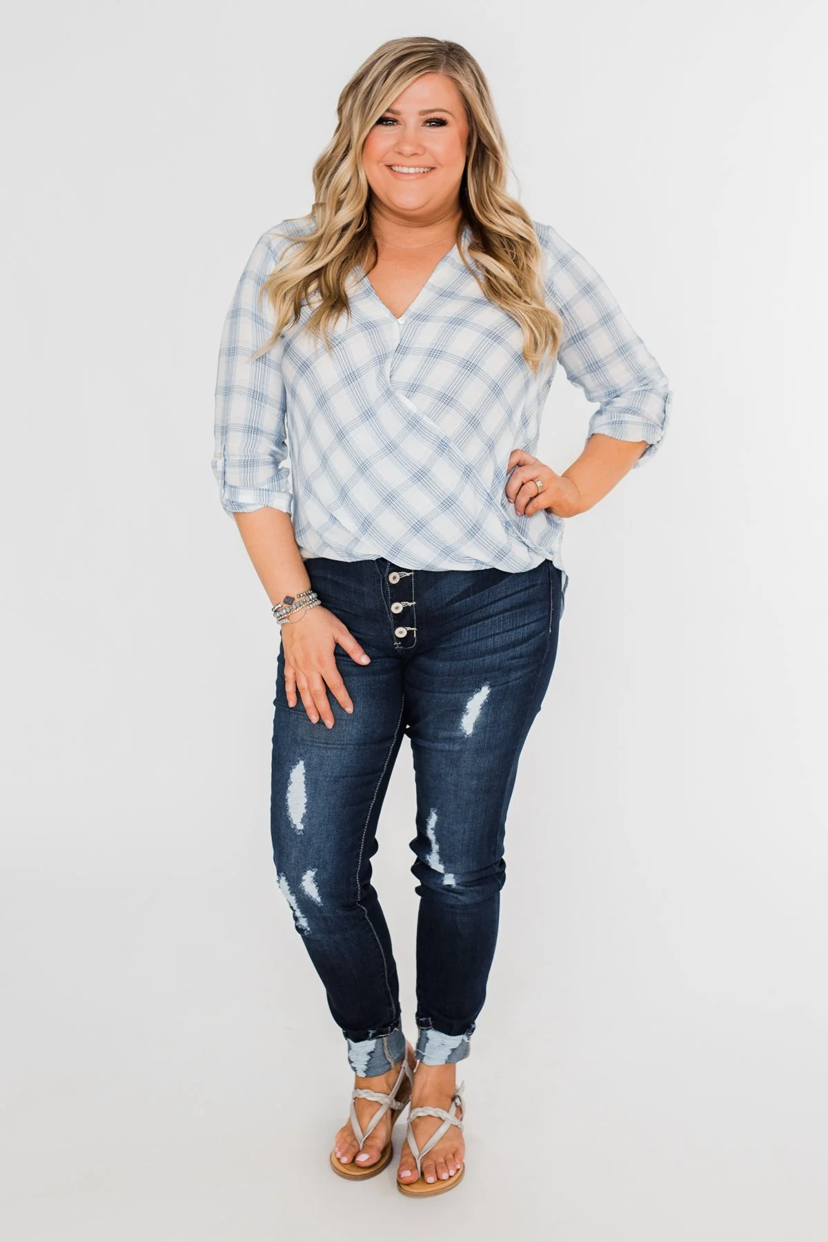 Just In Time Plaid Wrap Top- Blue - Image 4