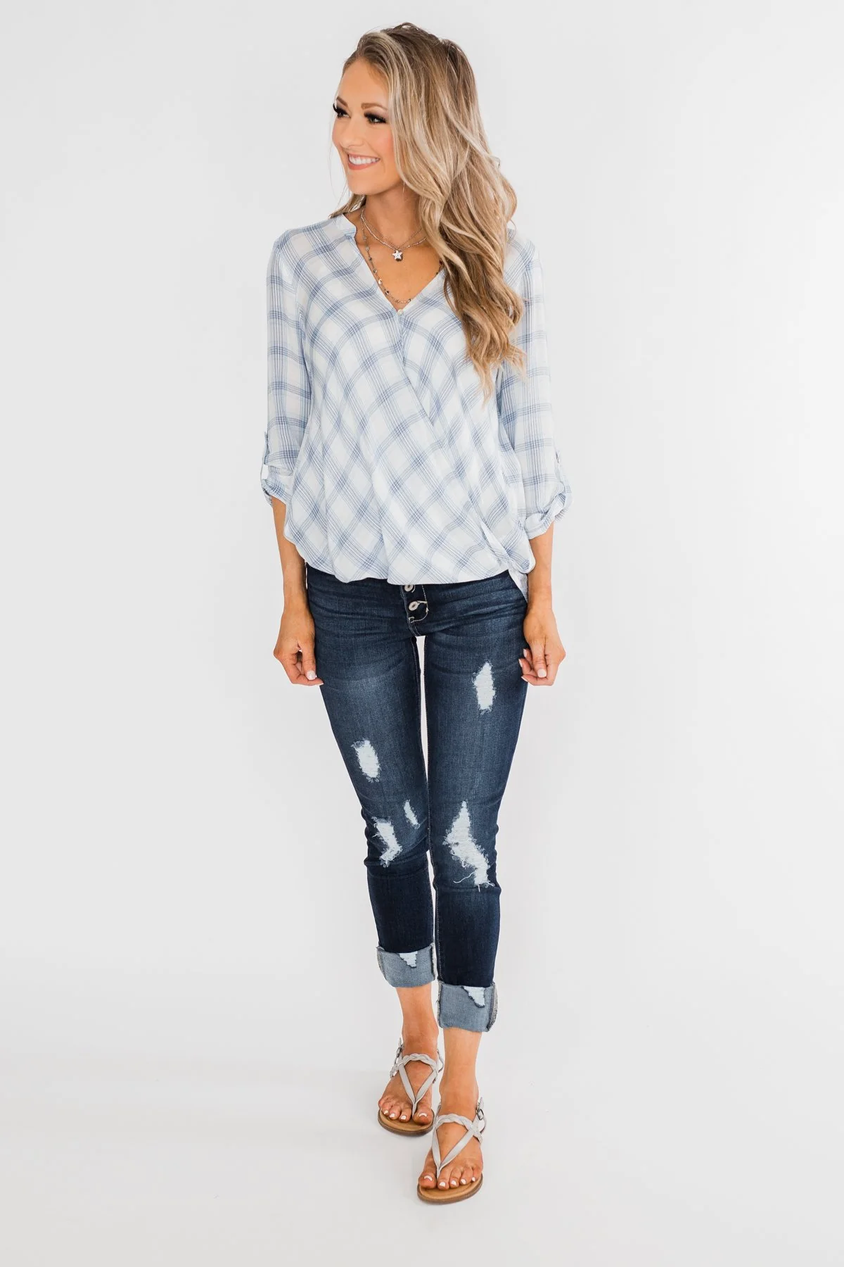 Just In Time Plaid Wrap Top- Blue - Image 5