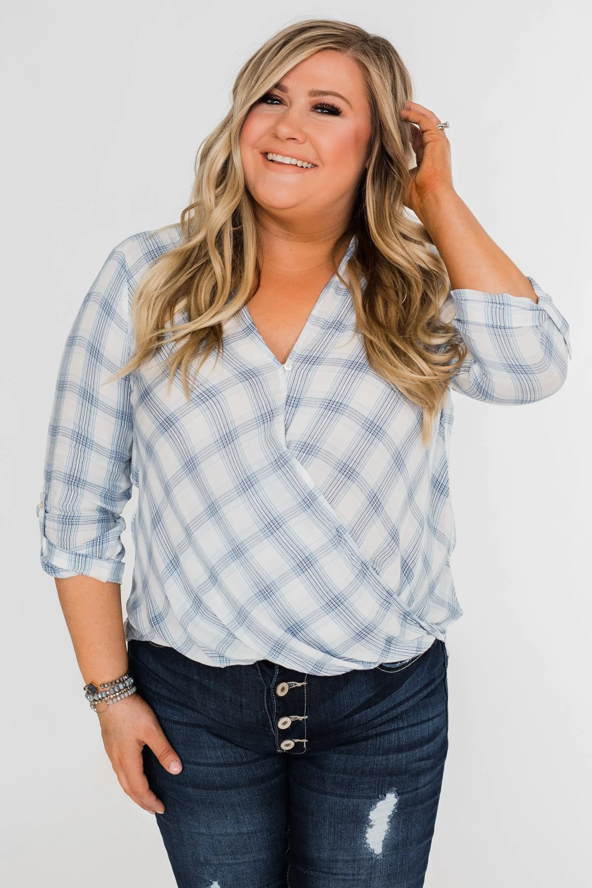 Just In Time Plaid Wrap Top- Blue - Image 8