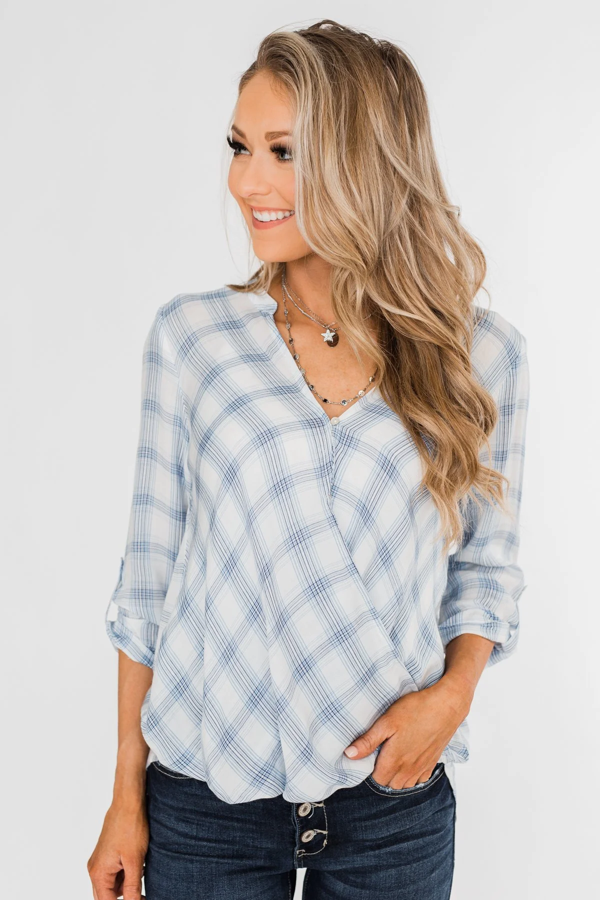 Just In Time Plaid Wrap Top- Blue - Image 9