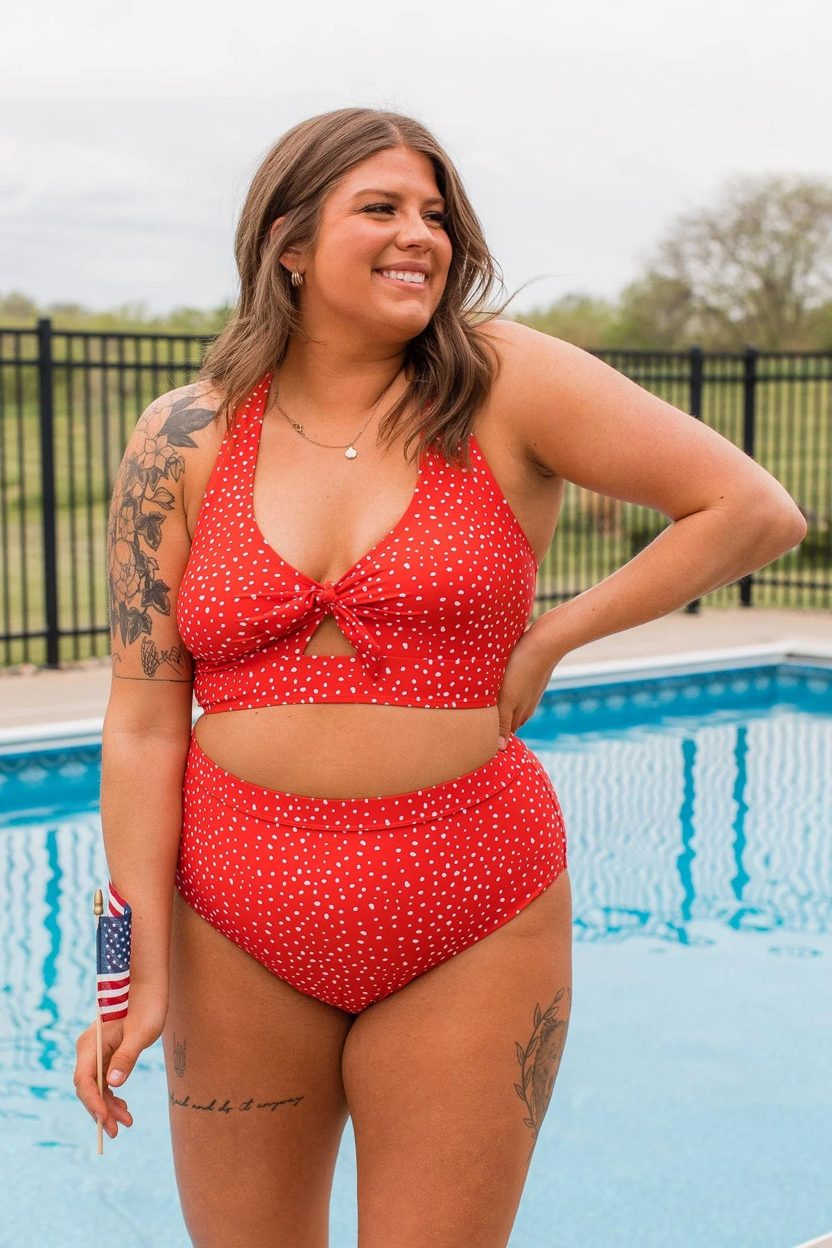 Just Keep Swimming Spotted Swim Top- Red - Image 7
