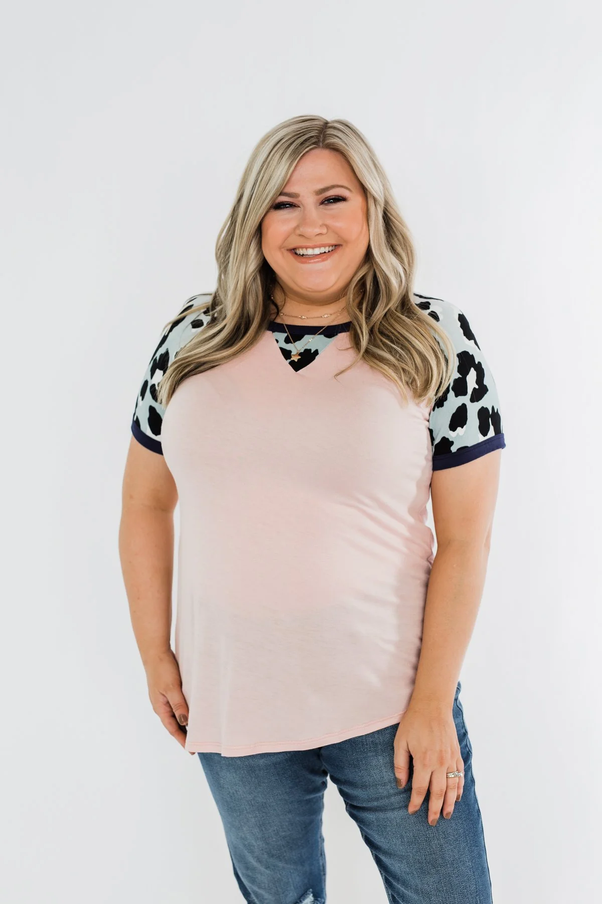 Just Like That Leopard Raglan Top- Light Pink & Navy - Image 3
