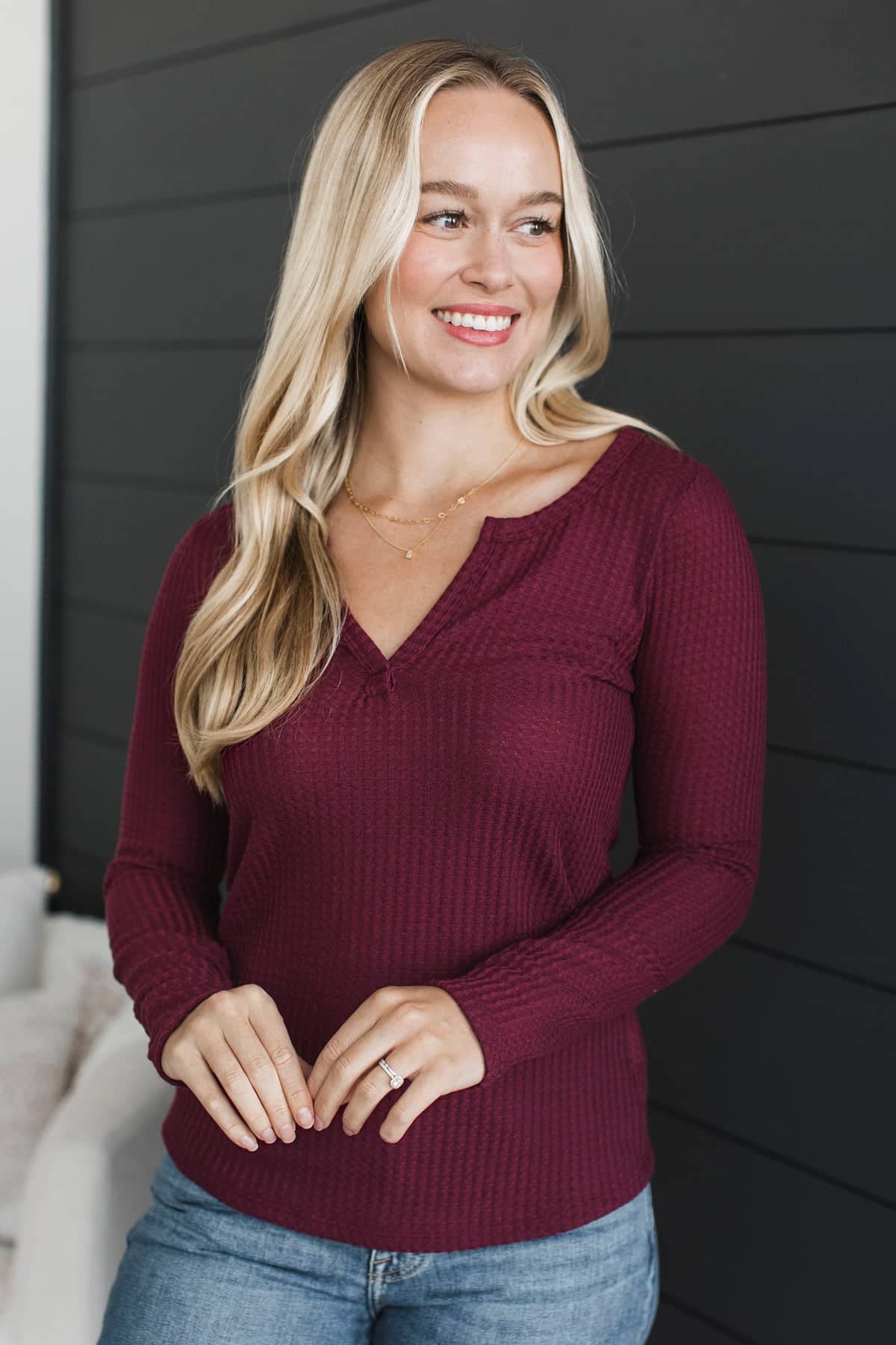 Just Living Long Sleeve Notched Top- Burgundy - Image 2