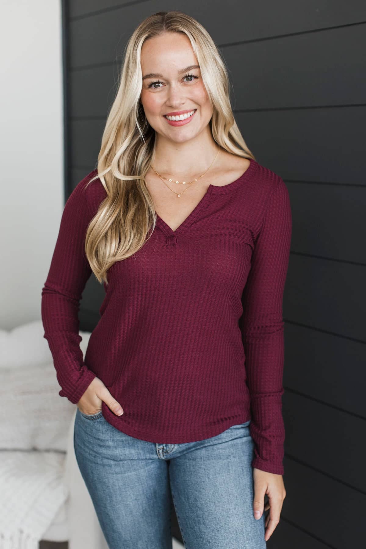 Just Living Long Sleeve Notched Top- Burgundy - Image 4