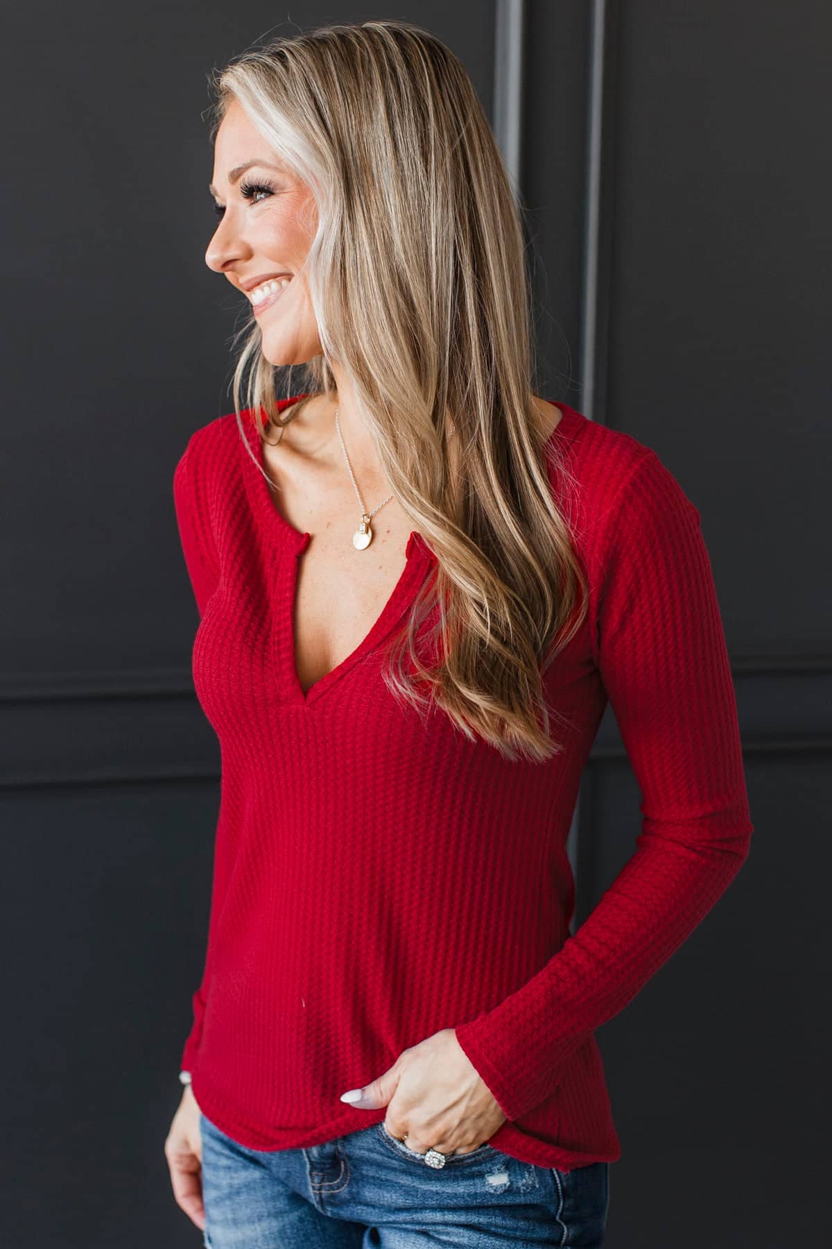 Just Living Long Sleeve Notched Top- Red - Image 3
