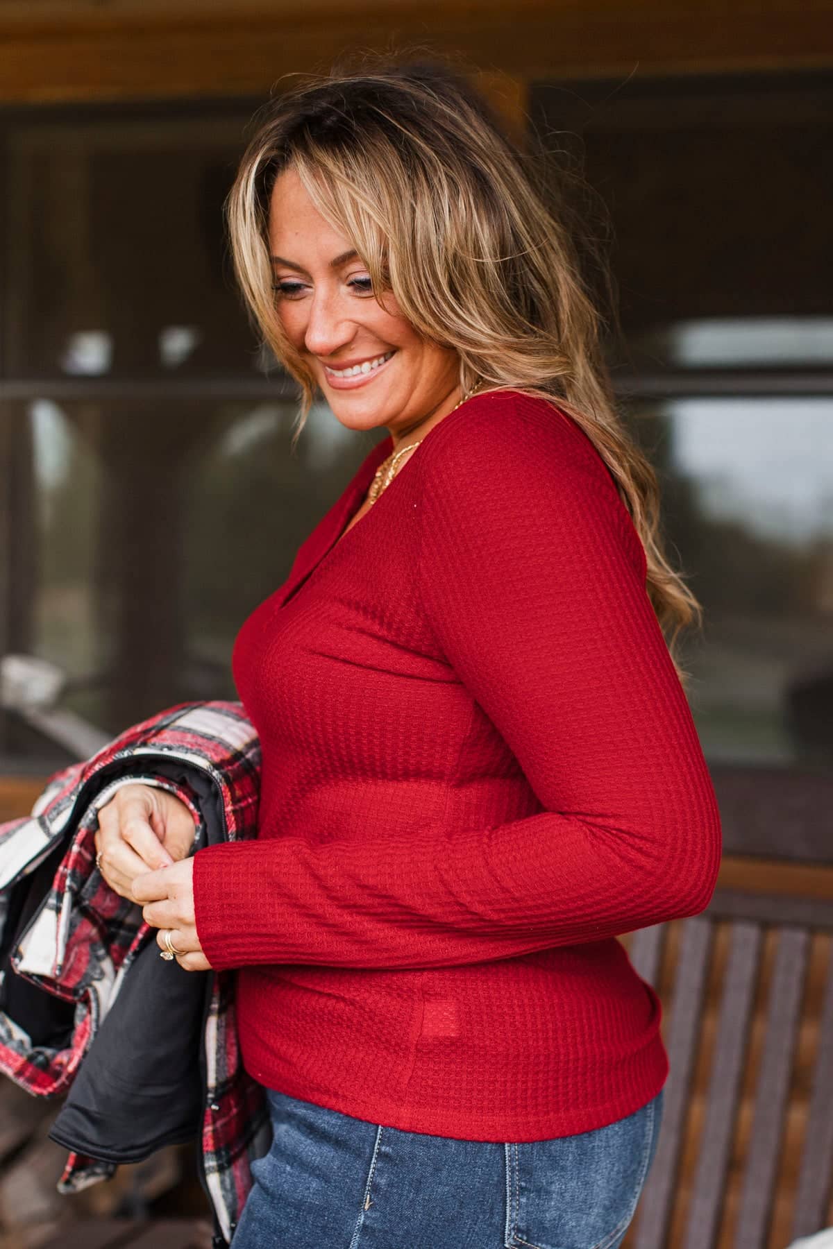 Just Living Long Sleeve Notched Top- Red - Image 6