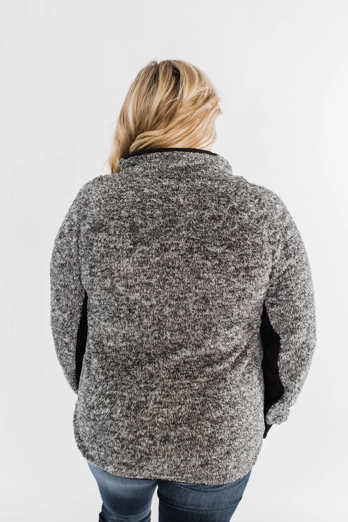 Just My Luck Quilted Sherpa Pullover- Black & Grey - Image 10