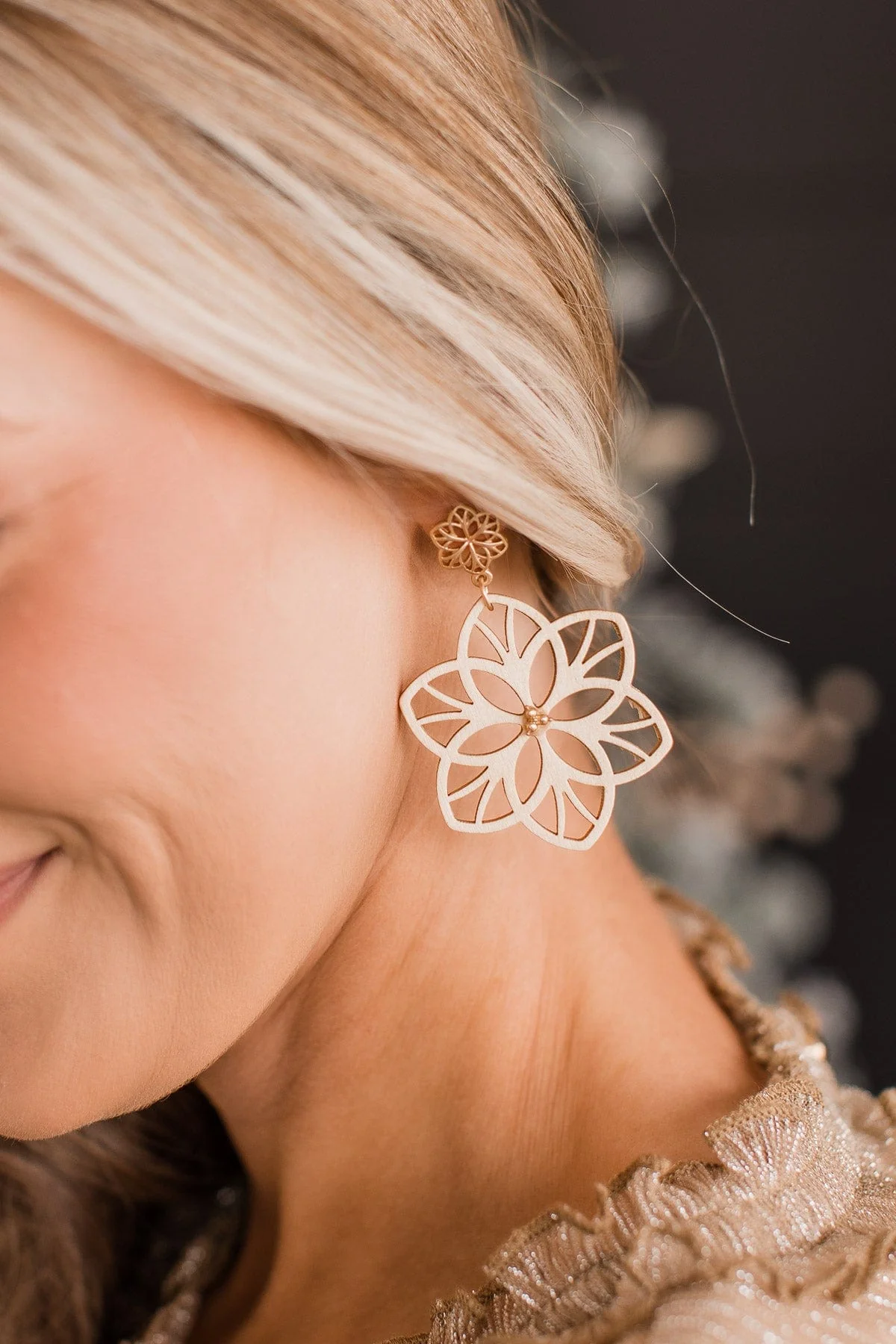 Just One Chance Floral Wooden Earrings - Image 2