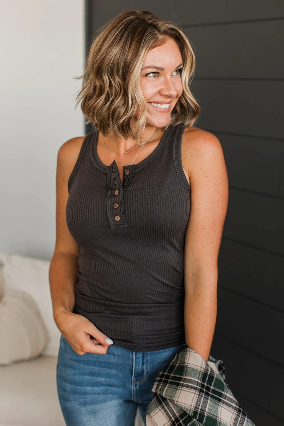 Just Passing By Ribbed Henley Tank Top- Charcoal - Image 4